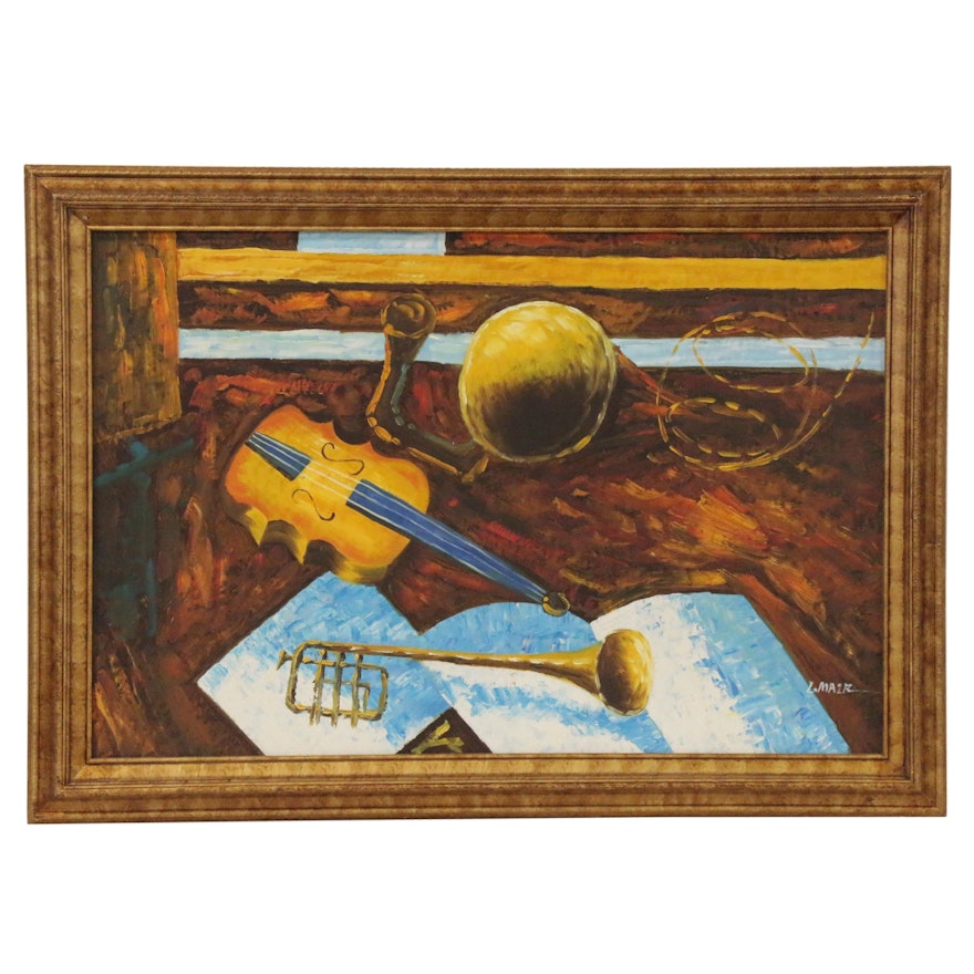 Modernist Style Still Life with Musical Instruments, Mid-Late 20th Century