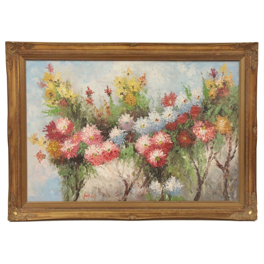 Impressionist Style Impasto Oil Painting of Wildflowers, Late 20th Century