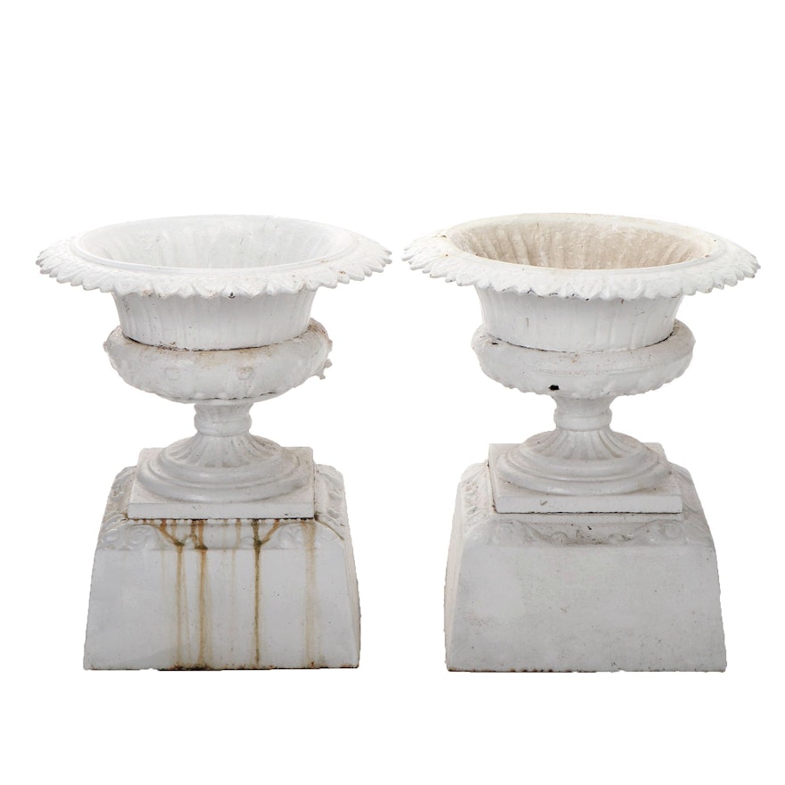 Pair of Cast Iron White Fern Planters, Early 20th Century