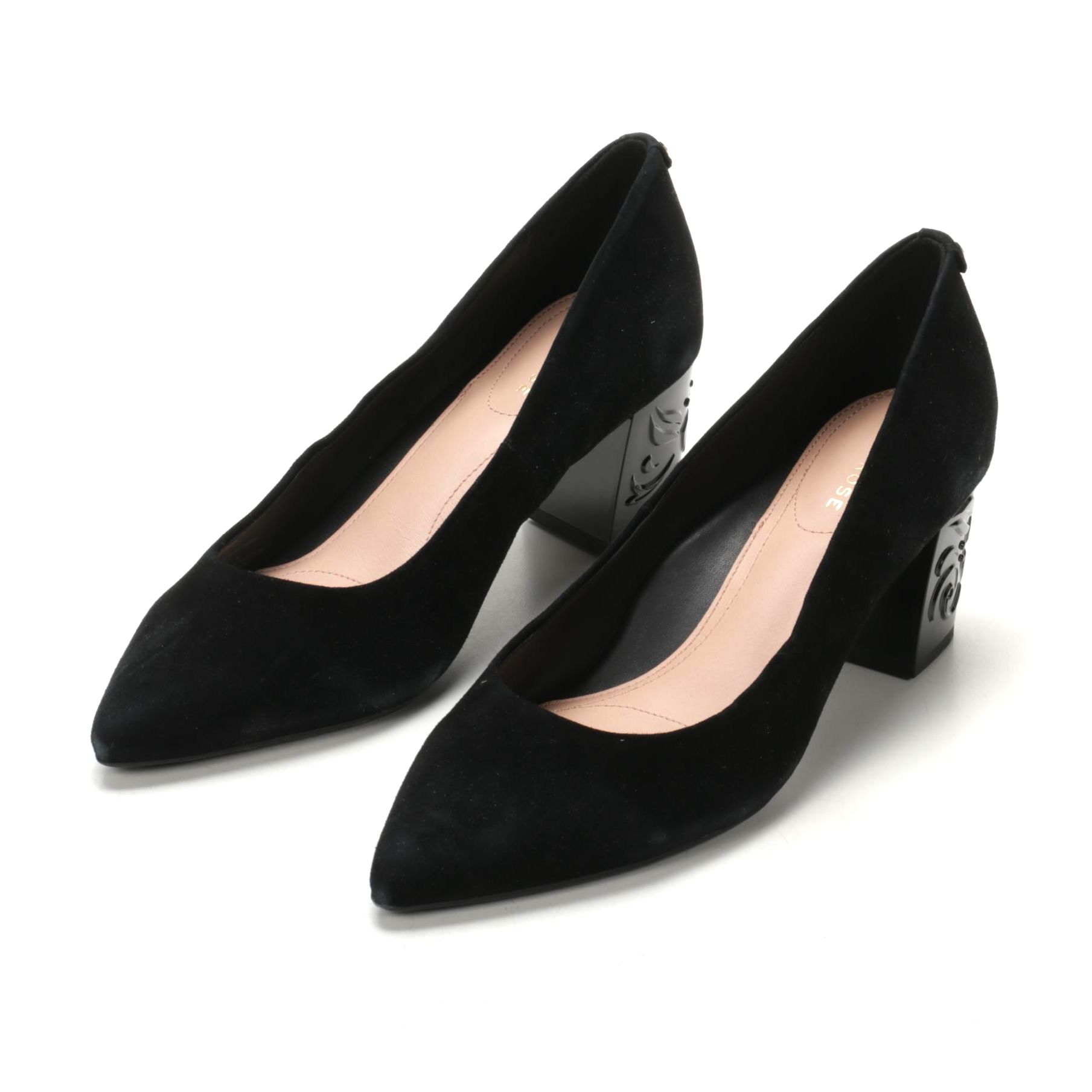 Taryn Rose Black Suede Marigold Pumps with Embossed Heel