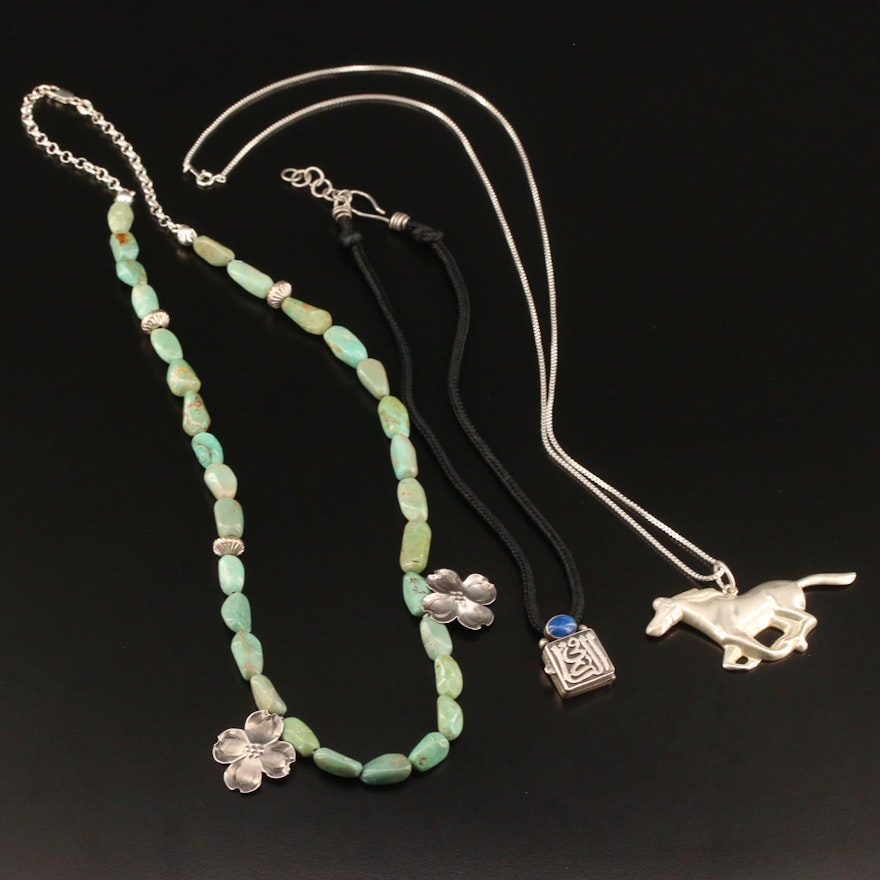 Sterling Silver Necklaces Featuring Turquoise, Lapis Lazuli and Horse Pendant