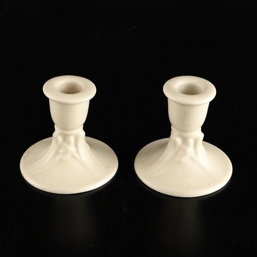 Rookwood Pottery Ivory Glaze Ceramic Candlestick Holders, 1953