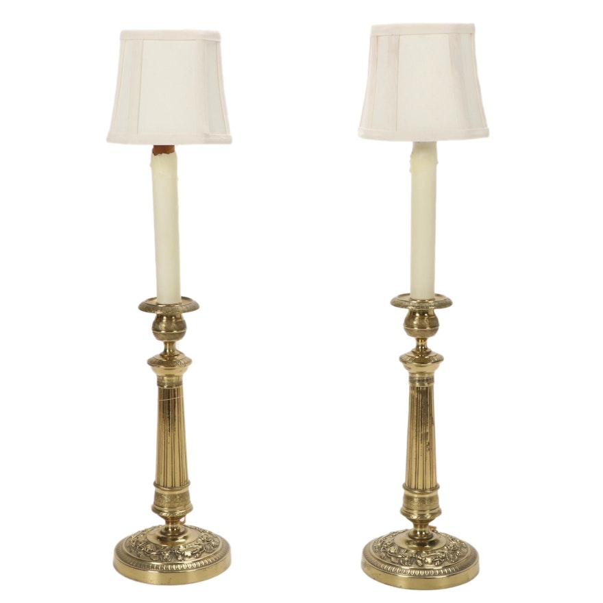 Brass Converted Candlestick Buffet Lamps, Mid/Late 20th Century