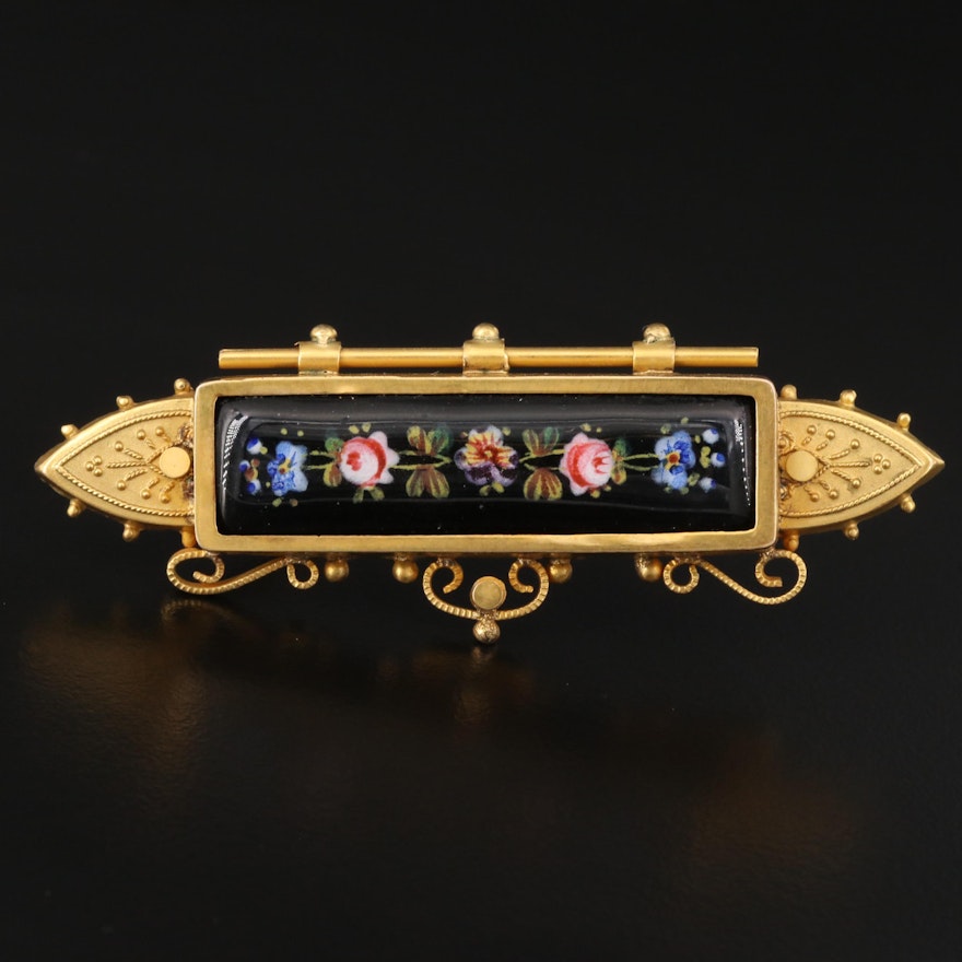 Cannetille Glass and Enamel Floral Bar Brooch