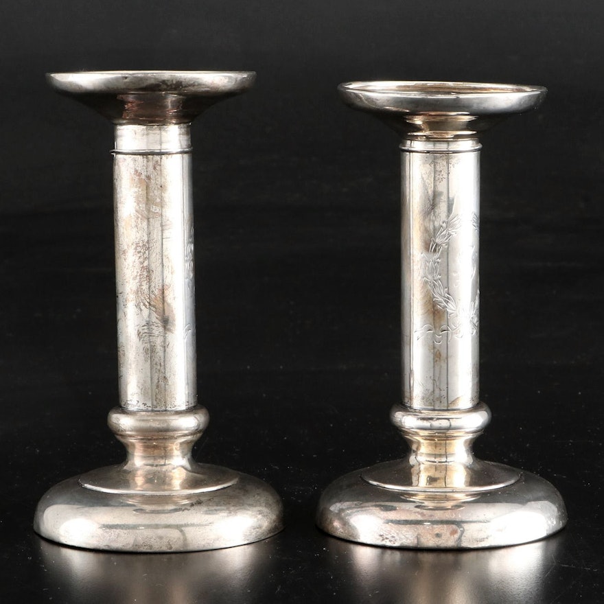 Meriden Britannia Co. Sterling Silver Engraved Candlesticks, Early 20th C.