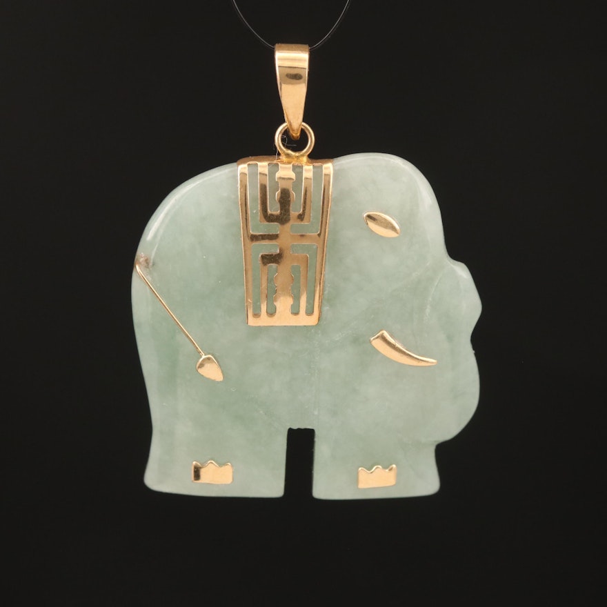 Asian 10K Carved Jadeite Longevity Elephant Pendant