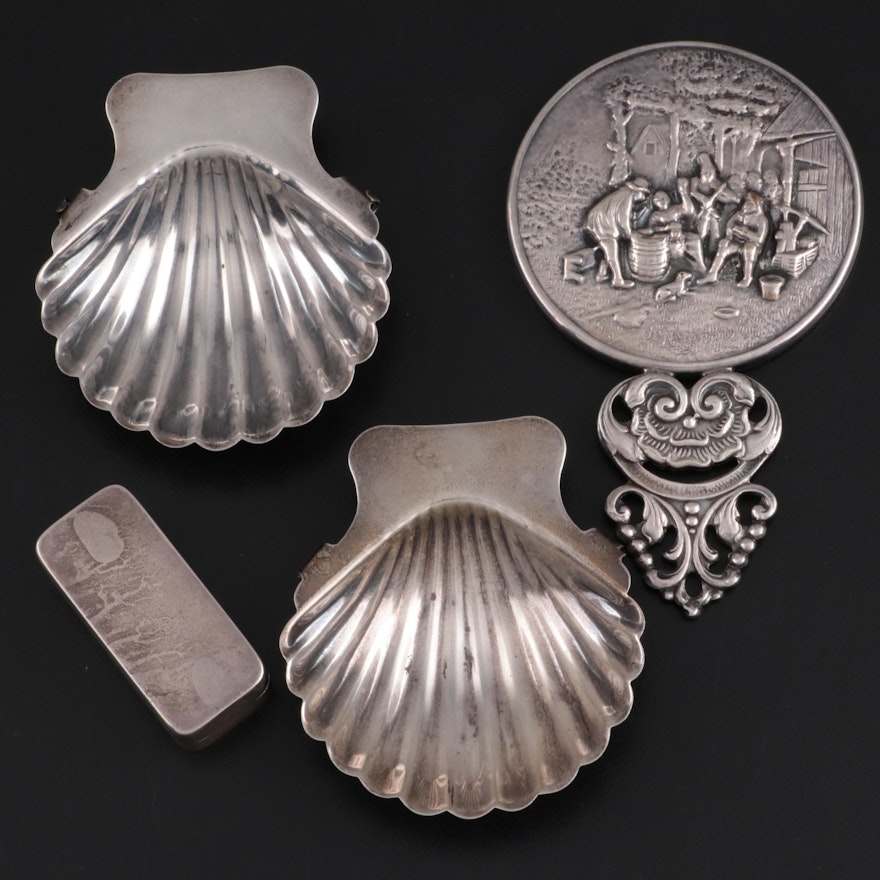 Mexican Sterling Shell Ashtrays, Sterling Tobacco Box, and Baroque Style Mirror