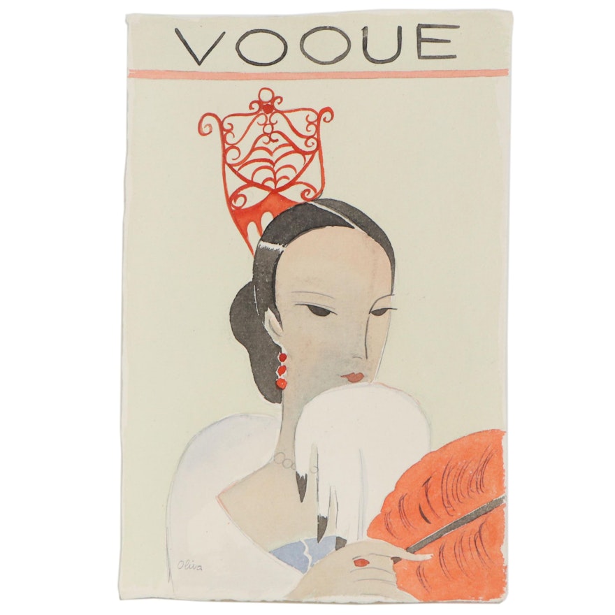 Eduardo Oliva Watercolor Illustration "Vogue," Late 20th Century
