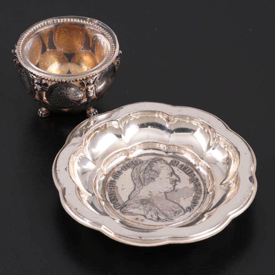 Gebrüder Kühn Sterling Bowl with Maria Theresa Thaler and Coin Salt Cellar