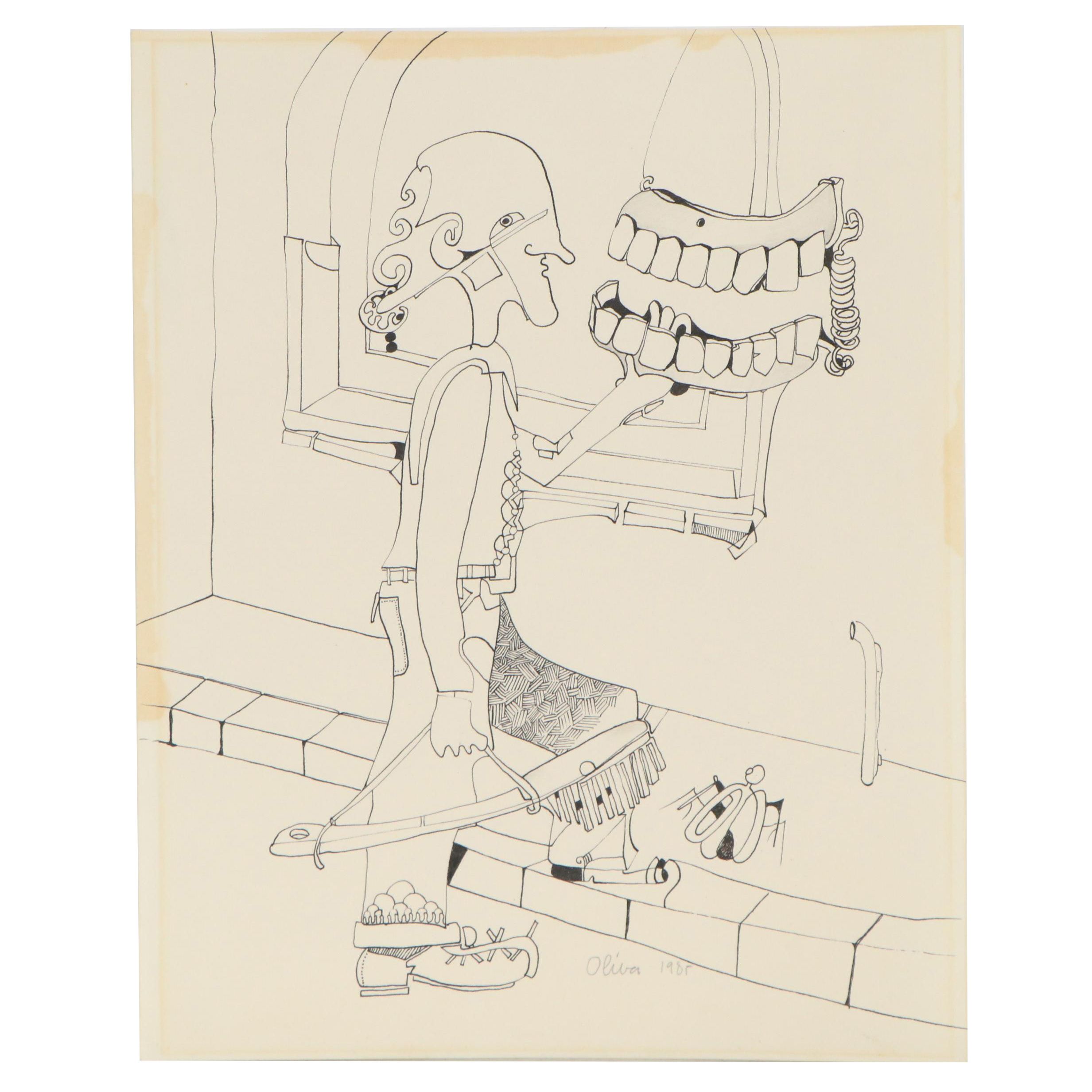 Eduardo Oliva Figural Surrealist Ink Drawing, 1985