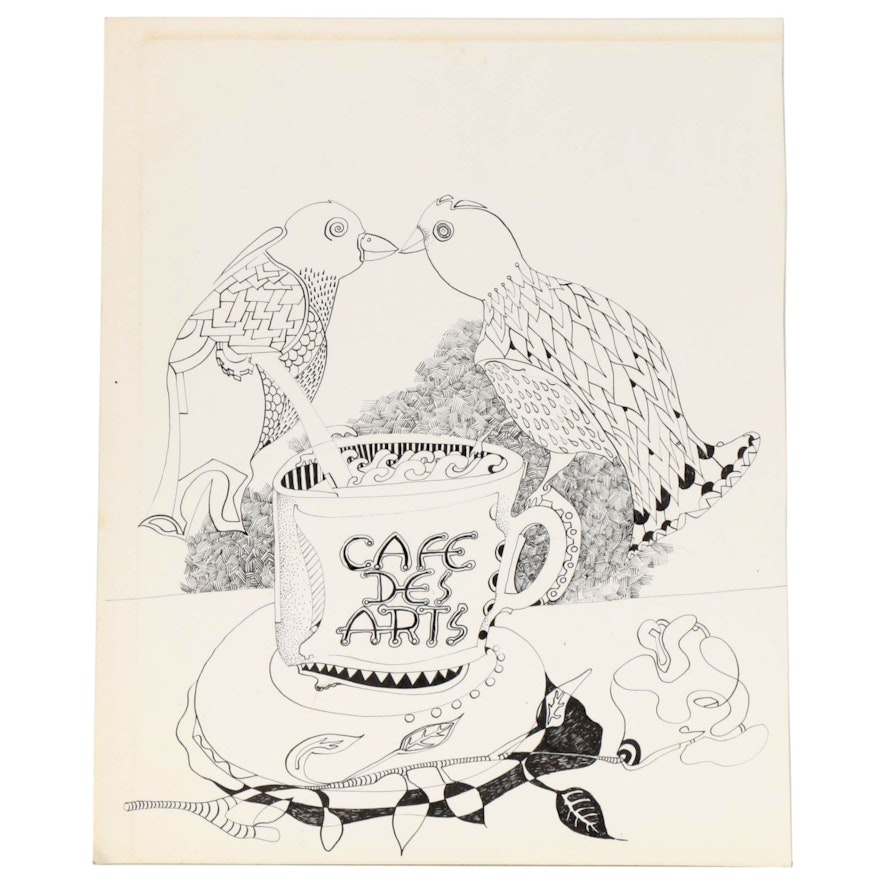 Eduardo Oliva Surrealist Style Ink Drawing of Two Birds, Late 20th Century