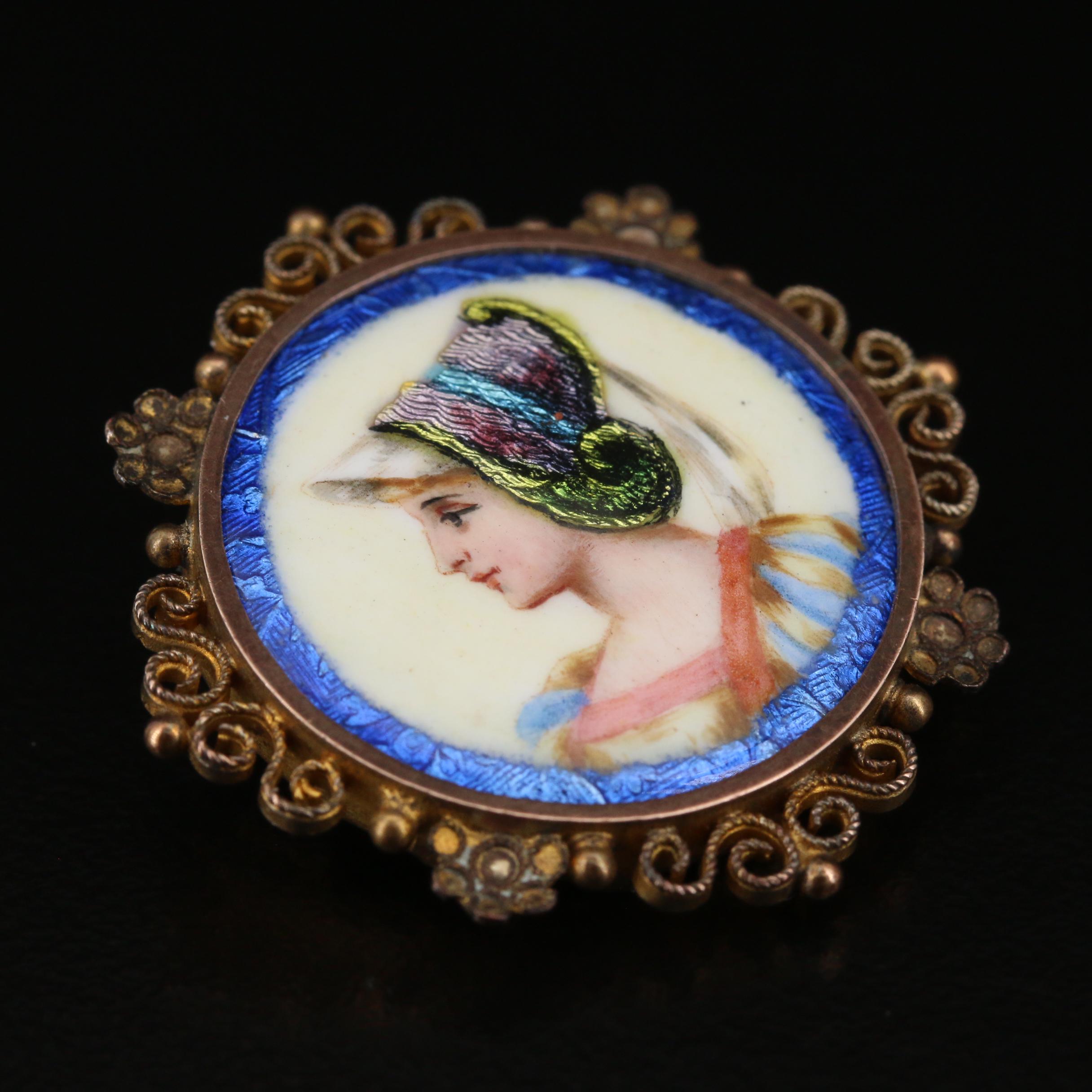 Renaissance Revival Enameled Portrait Brooch