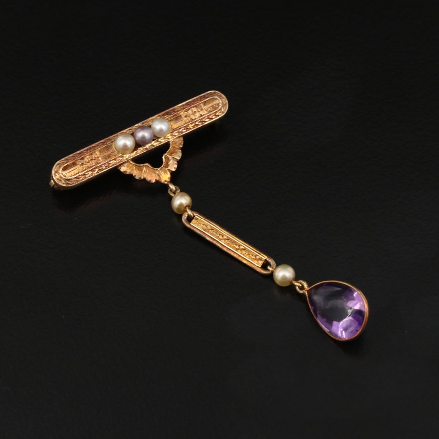 Vintage 14K Pearl Bar Brooch with Amethyst Drop