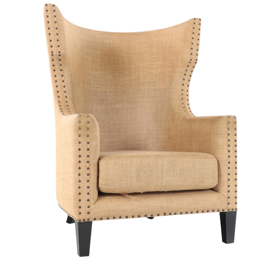 Contemporary Burlap Upholstered Wingback Arm Chair
