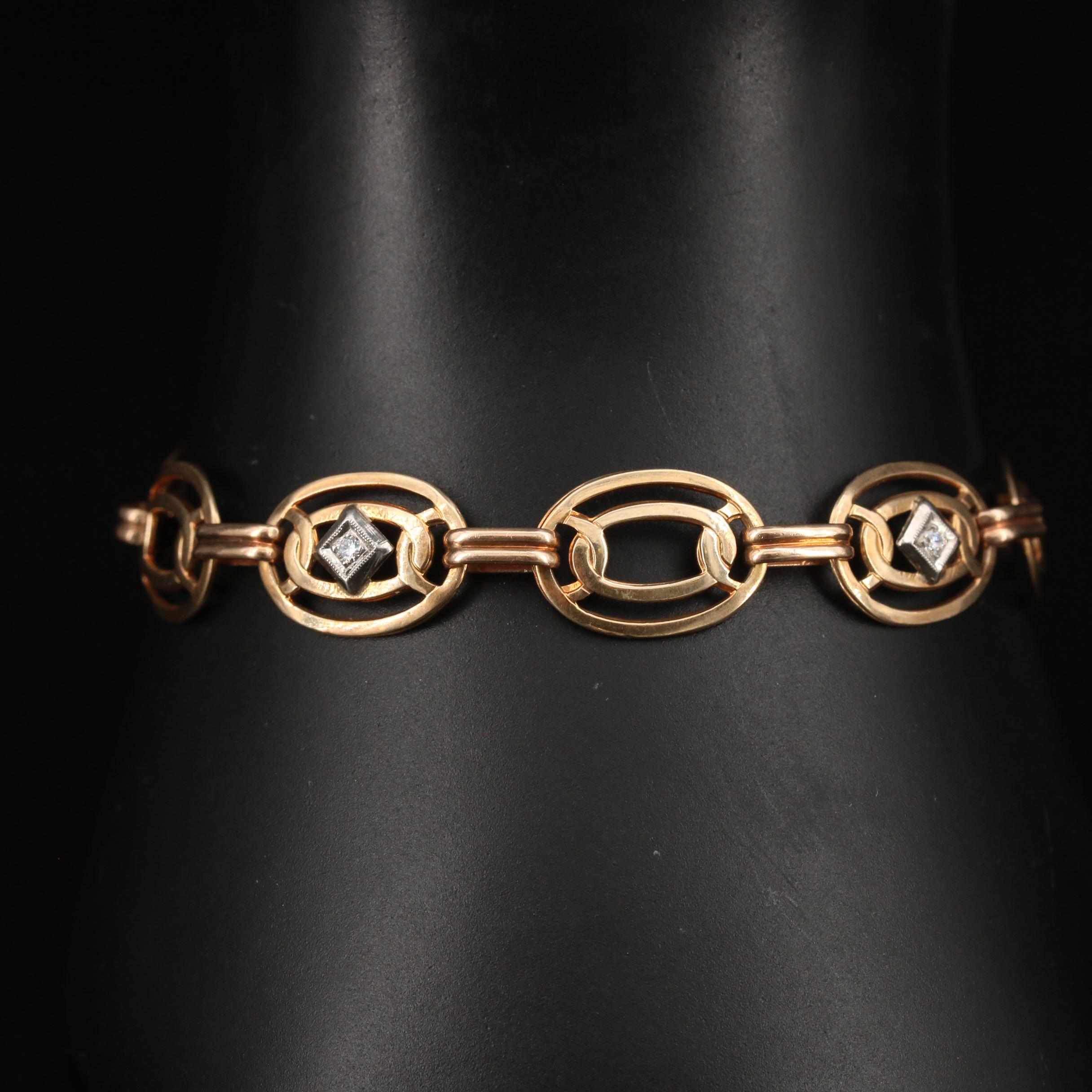 Late Art Deco 10K Diamond Oval Link Bracelet with Palladium Accents