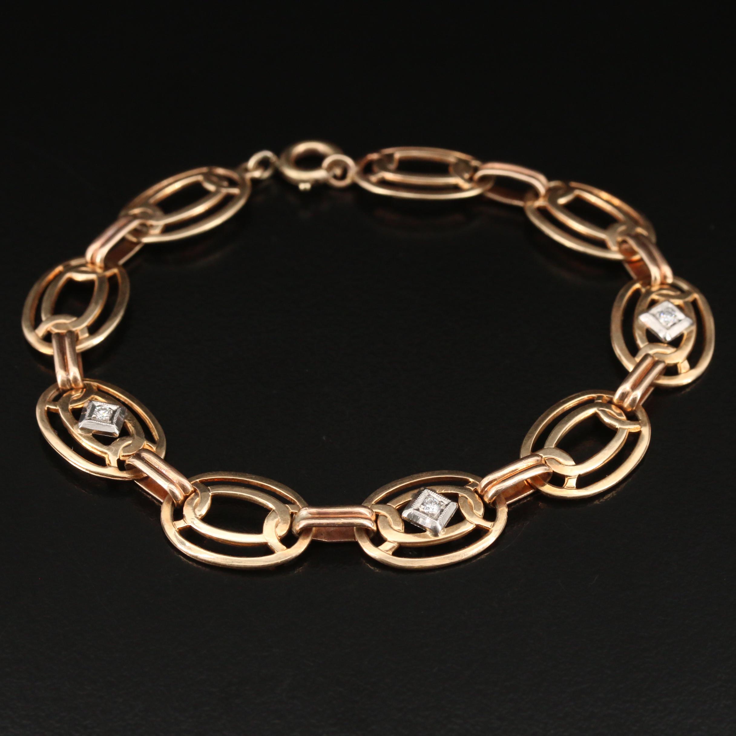 Late Art Deco 10K Diamond Oval Link Bracelet with Palladium Accents