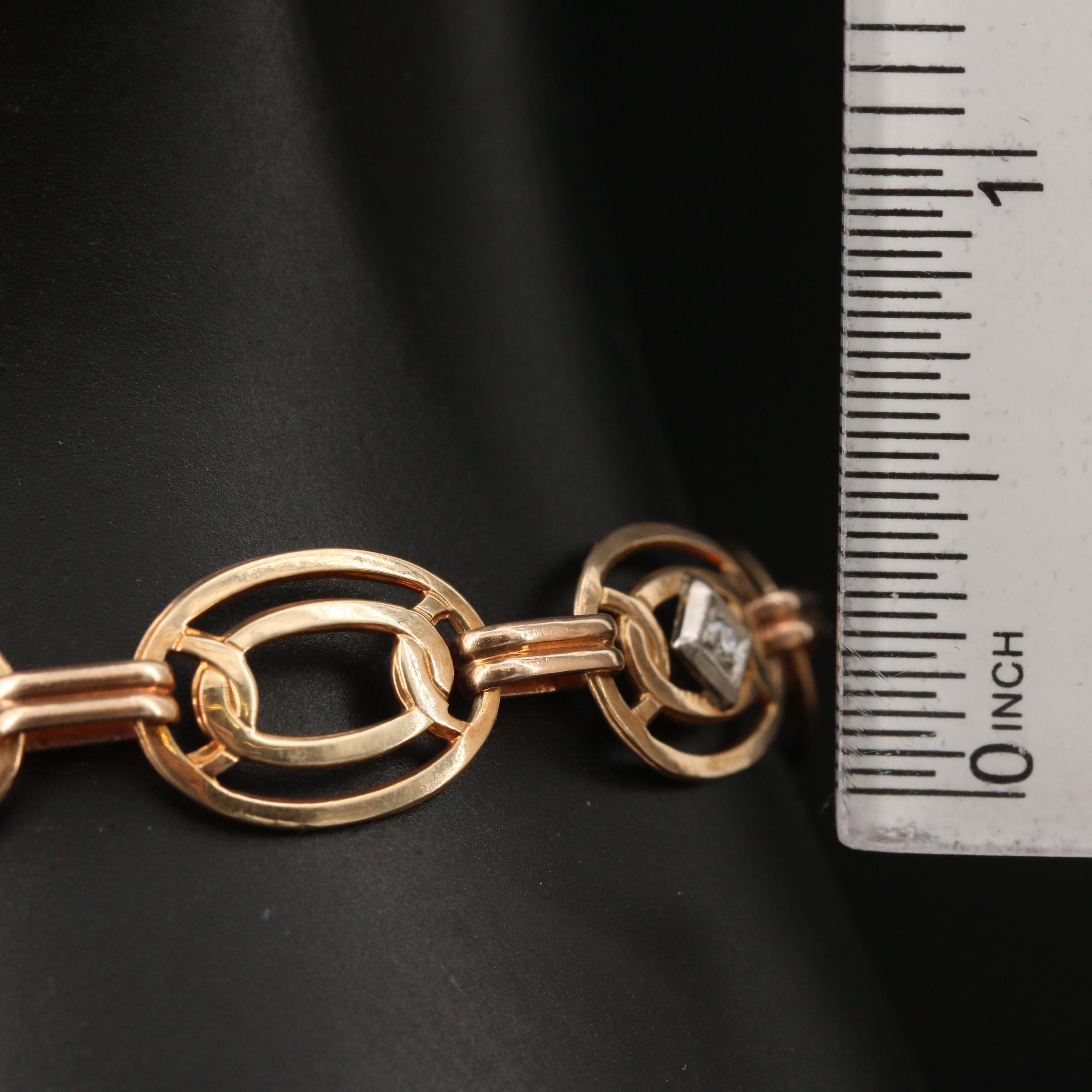 Late Art Deco 10K Diamond Oval Link Bracelet with Palladium Accents