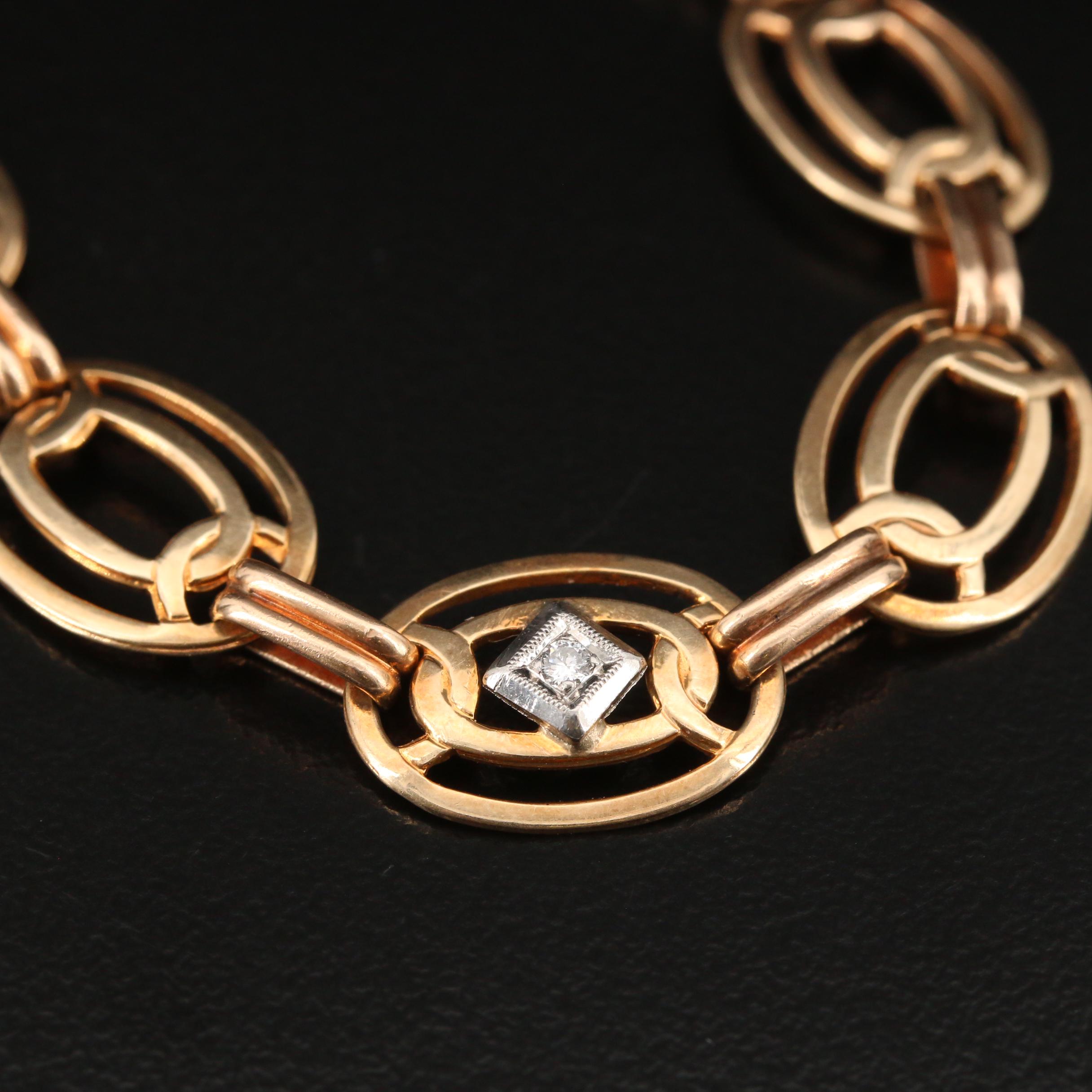 Late Art Deco 10K Diamond Oval Link Bracelet with Palladium Accents
