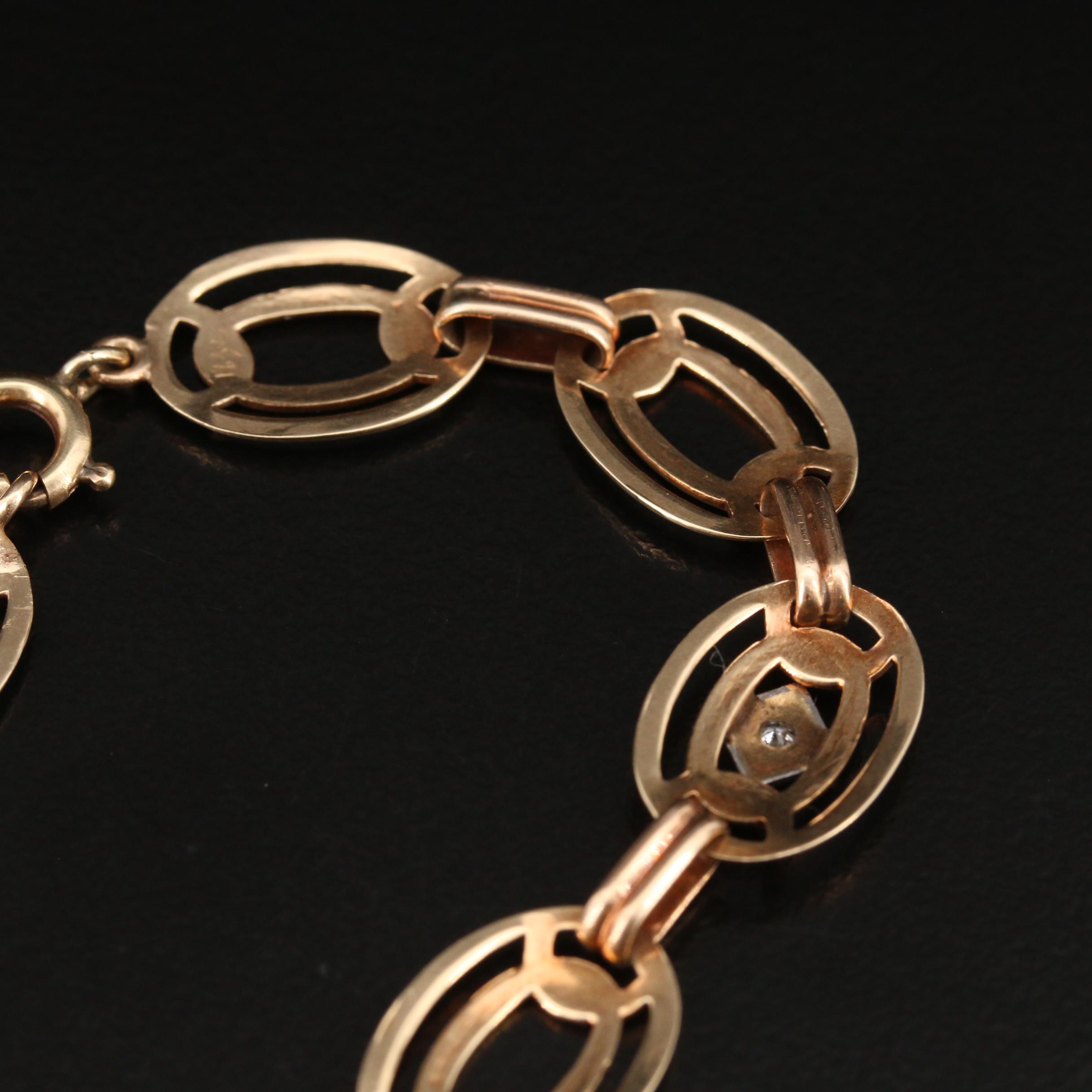 Late Art Deco 10K Diamond Oval Link Bracelet with Palladium Accents