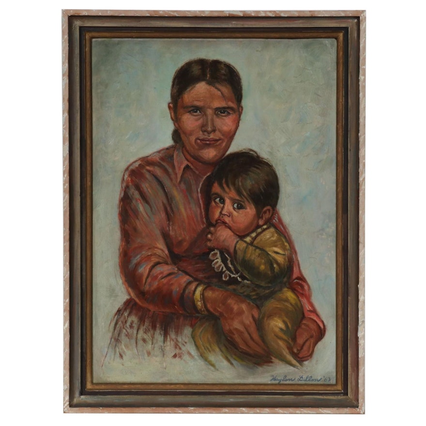 Hayden Dillon Portrait Oil Painting of Mother and Young Child, 1962
