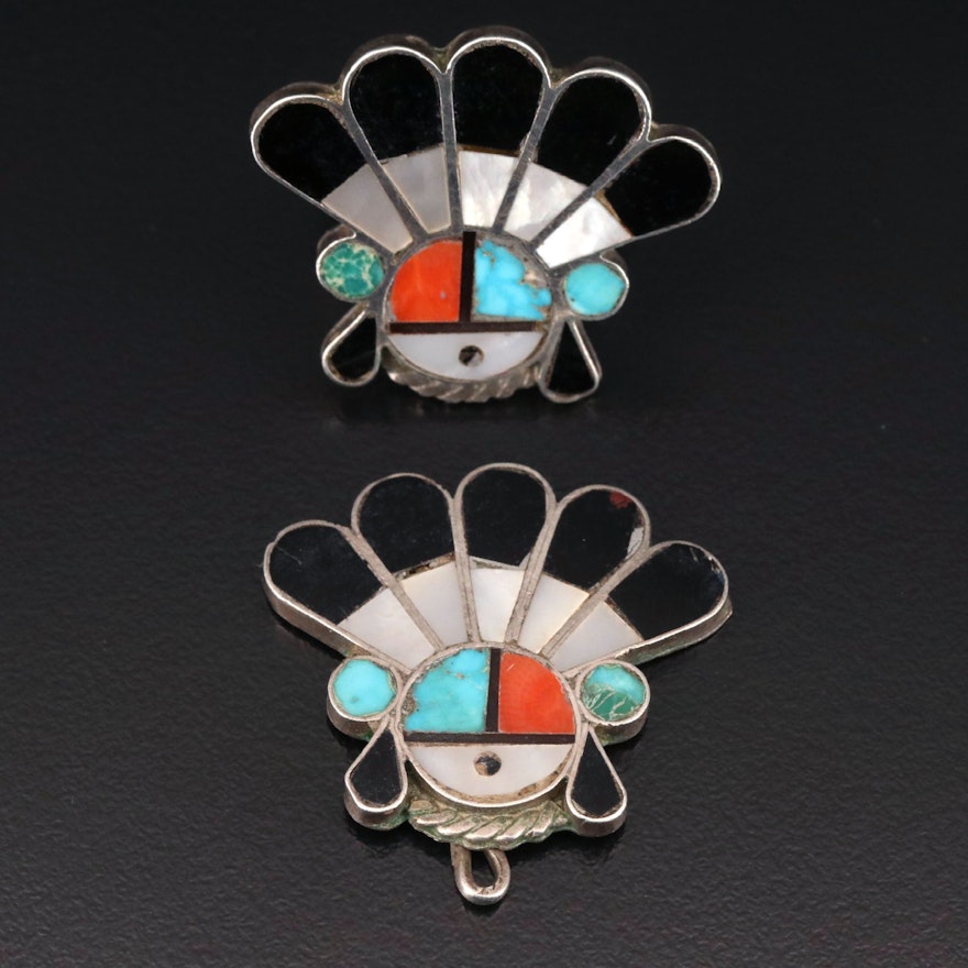 Western Sterling Ring and Pendant Set with Coral, Mother of Pearl and Turquoise