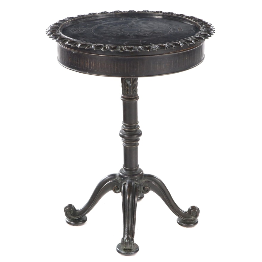 Bronzed Metal Pedestal Table with Compass Point Top, Mid-20th C.