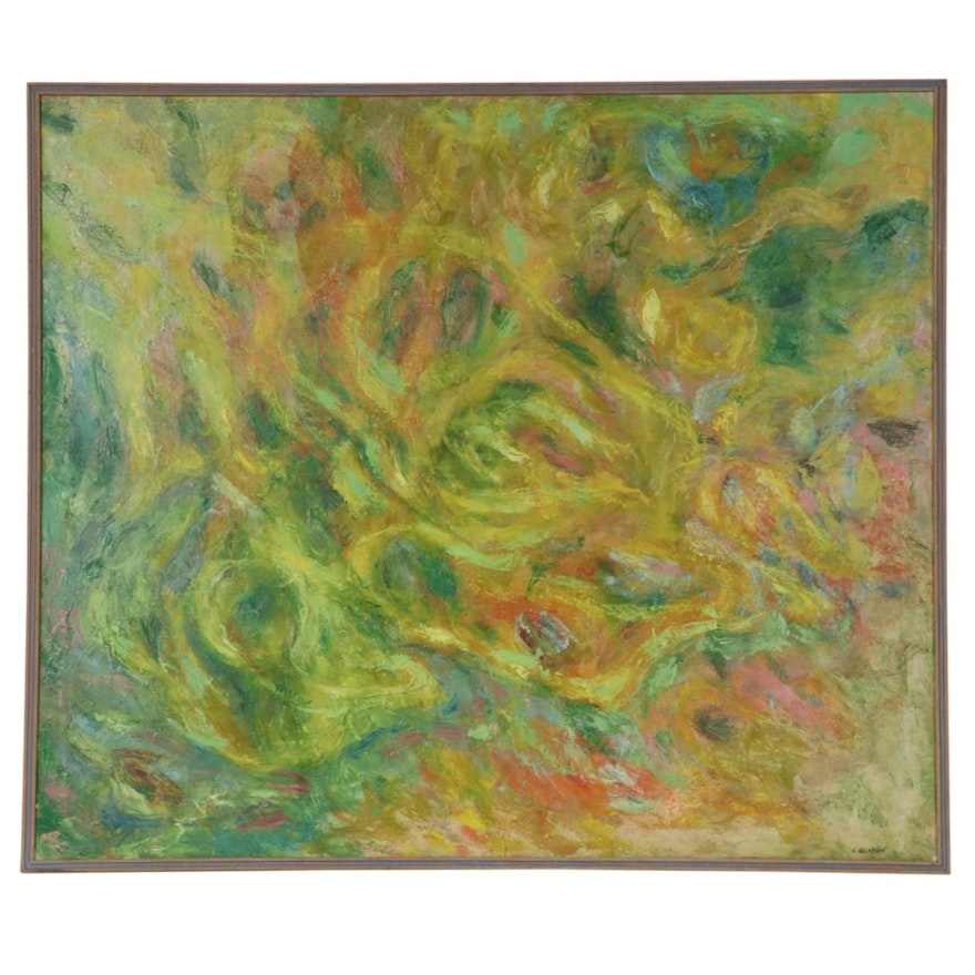 Abstract Oil Painting "Waterscape in Yellow," late 20th Century