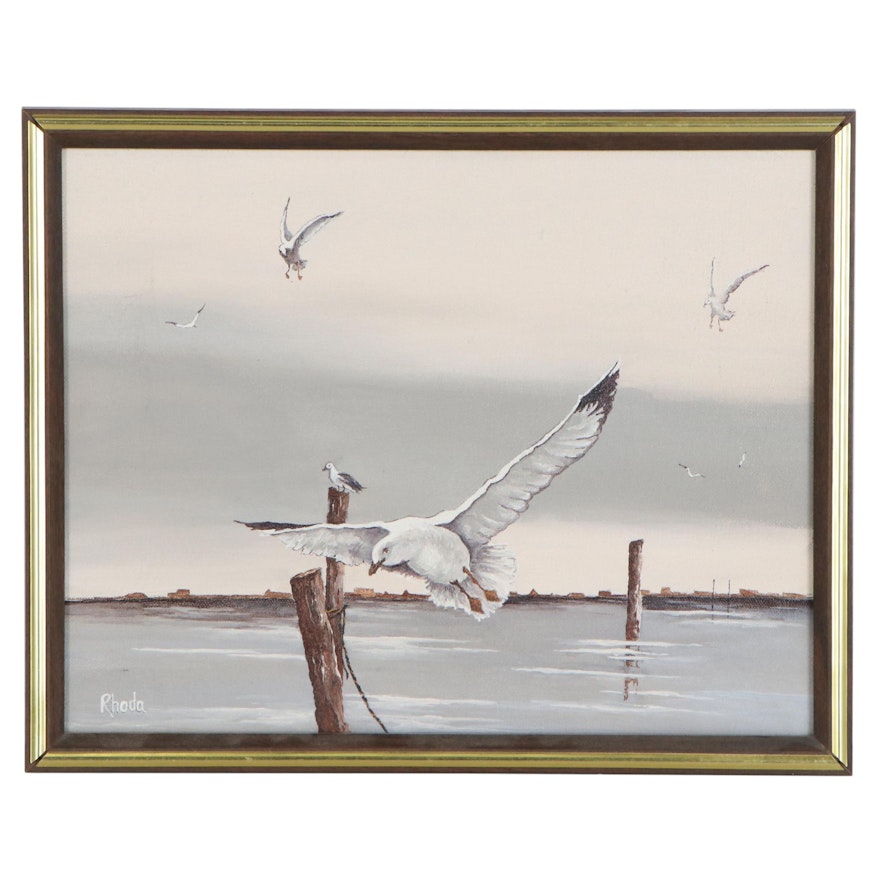 Seascape Oil Painting with Seagulls, Late 20th Century