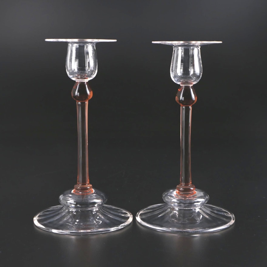 Steuben Rosa and Clear Swirl Art Glass Candlesticks, Early to Mid 20th Century