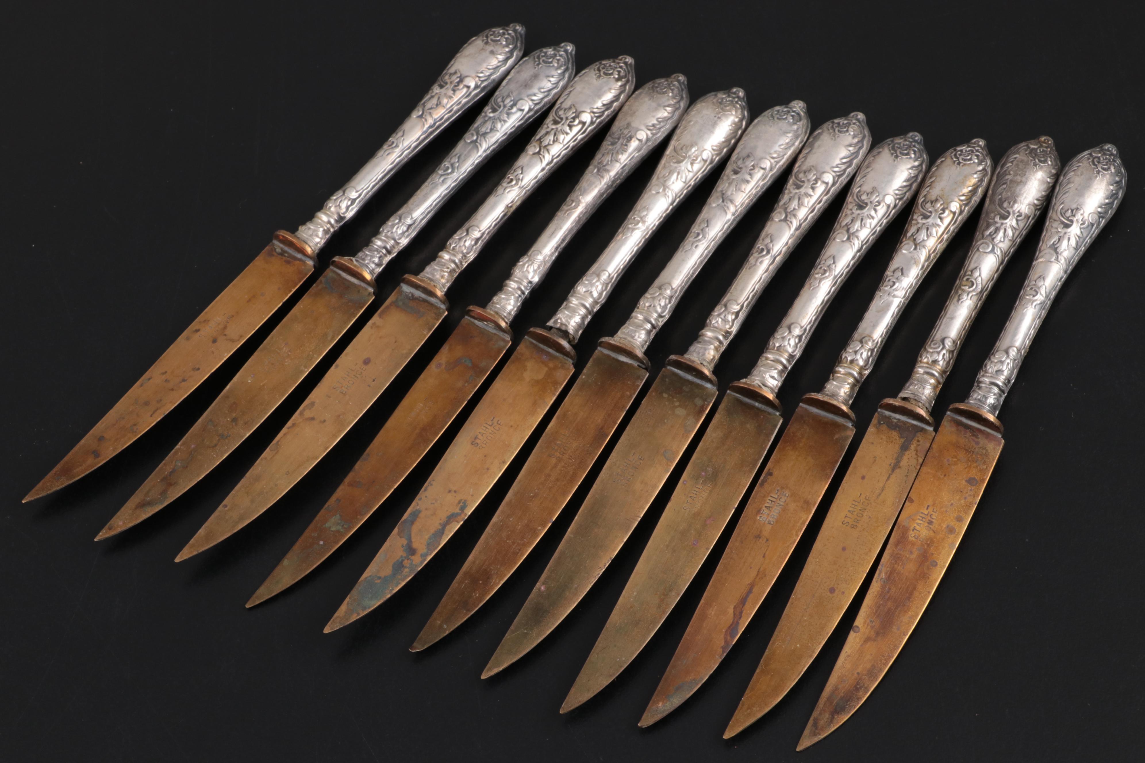 Stahl-Bronce and German 800 Silver Handled Fruit Set, Late 19th/ Early 20th C.