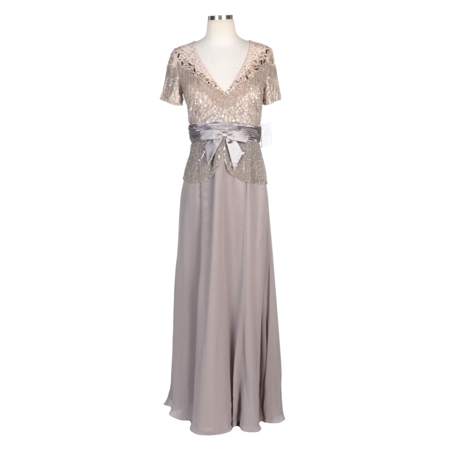 Alberto Makali Taupe V-Neck Gown with Beaded Bodice Overlay