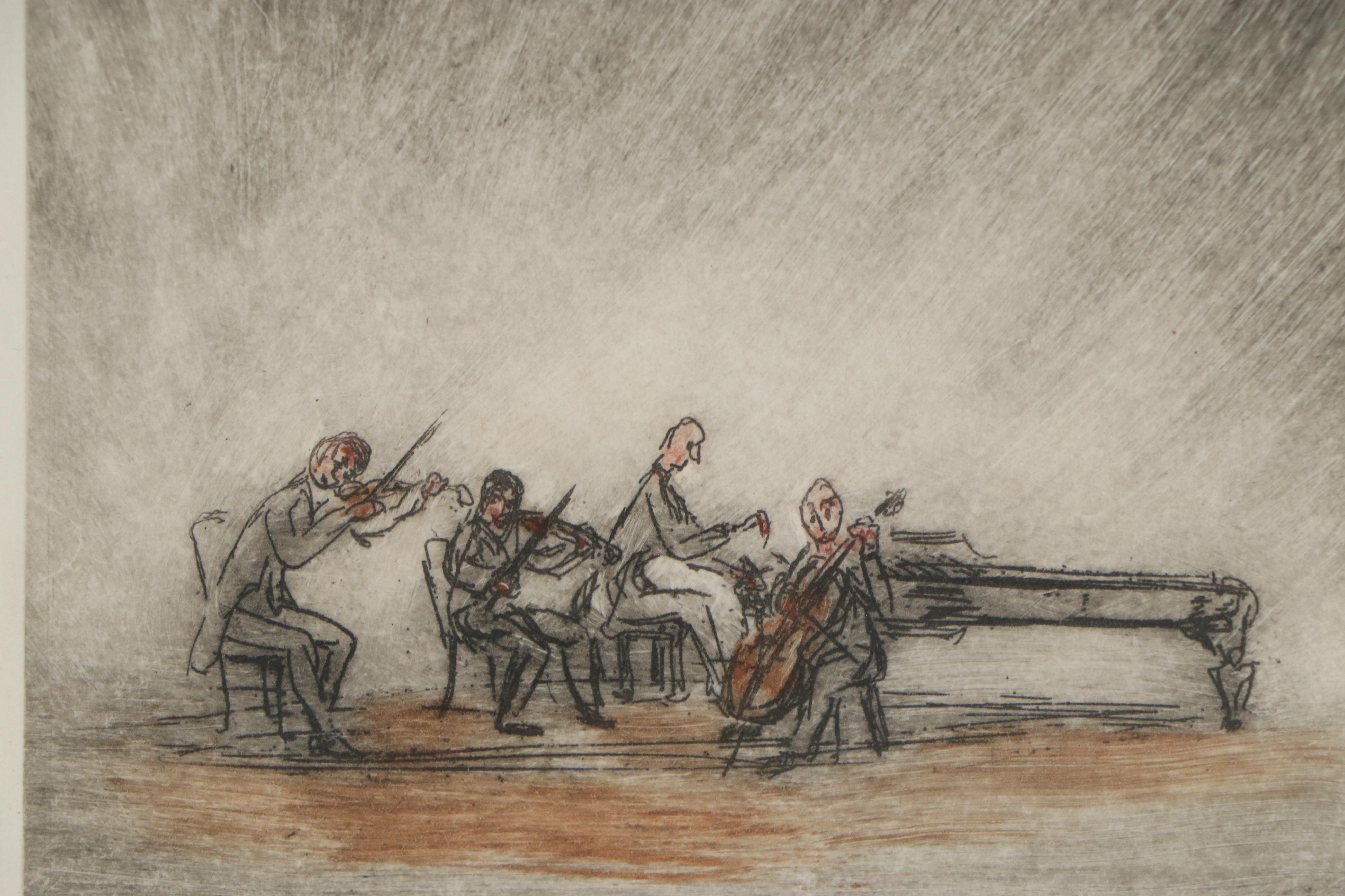 Sarah Carothers Rhode Hand-Colored Etching of Musicians, 20th Century