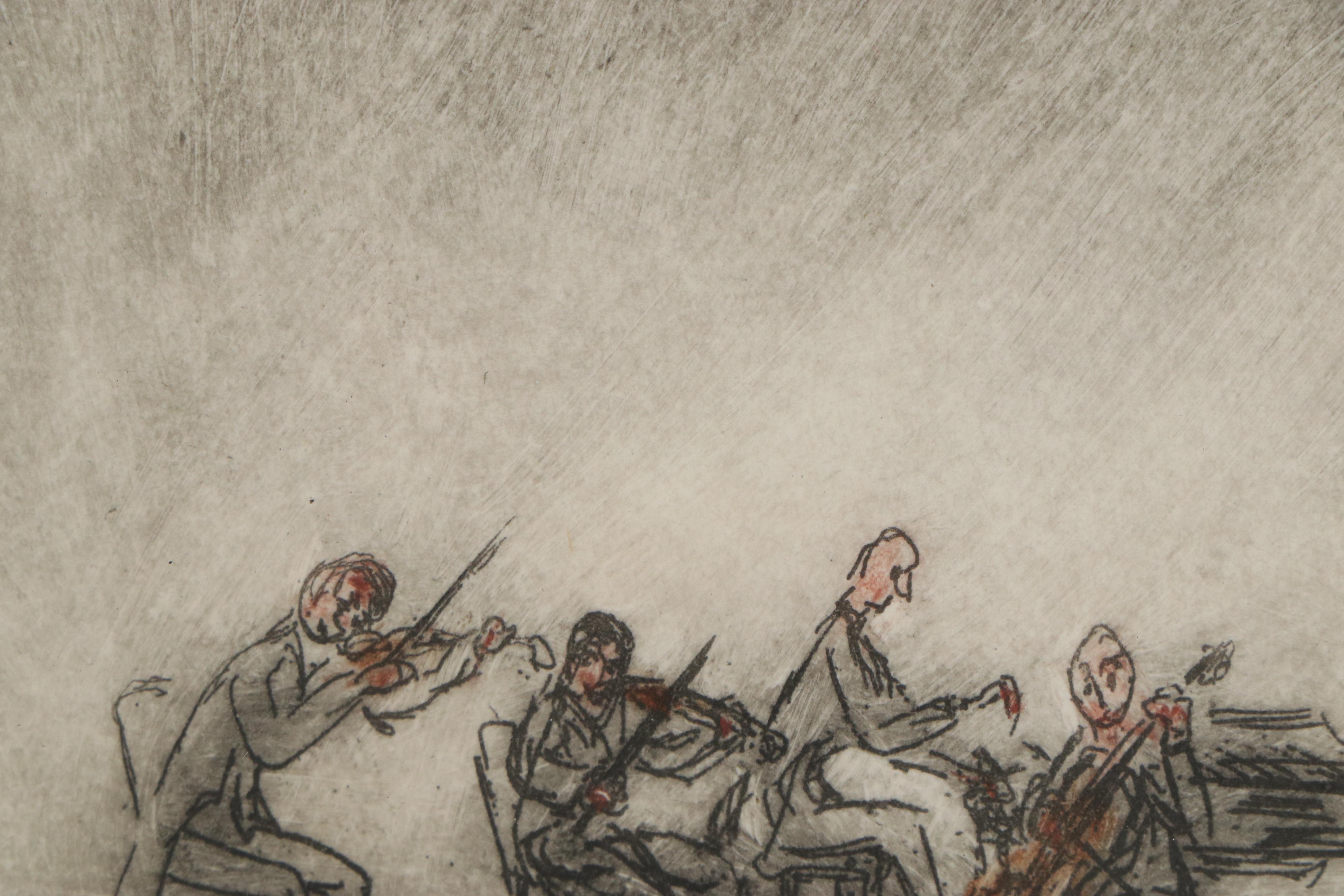 Sarah Carothers Rhode Hand-Colored Etching of Musicians, 20th Century