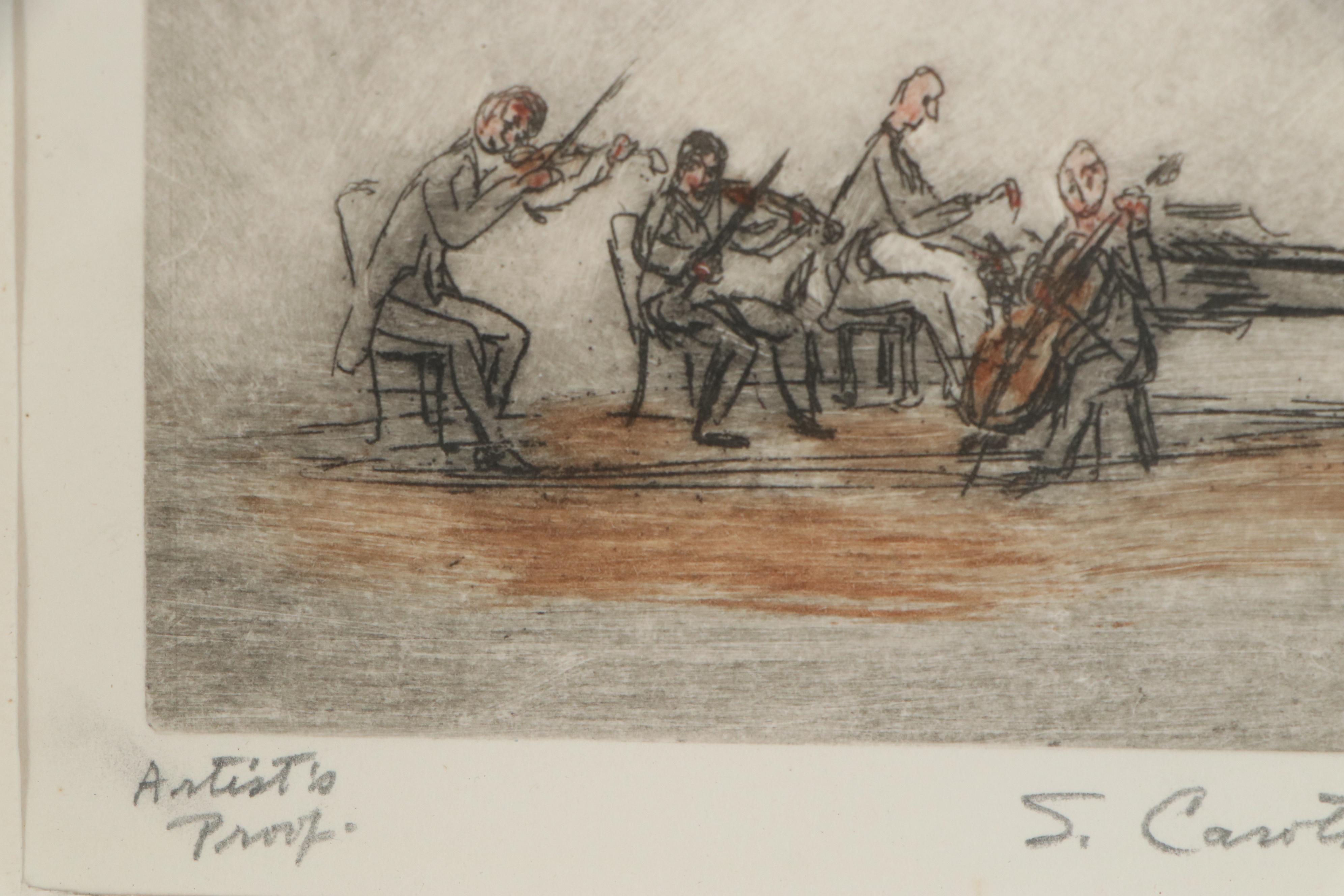 Sarah Carothers Rhode Hand-Colored Etching of Musicians, 20th Century