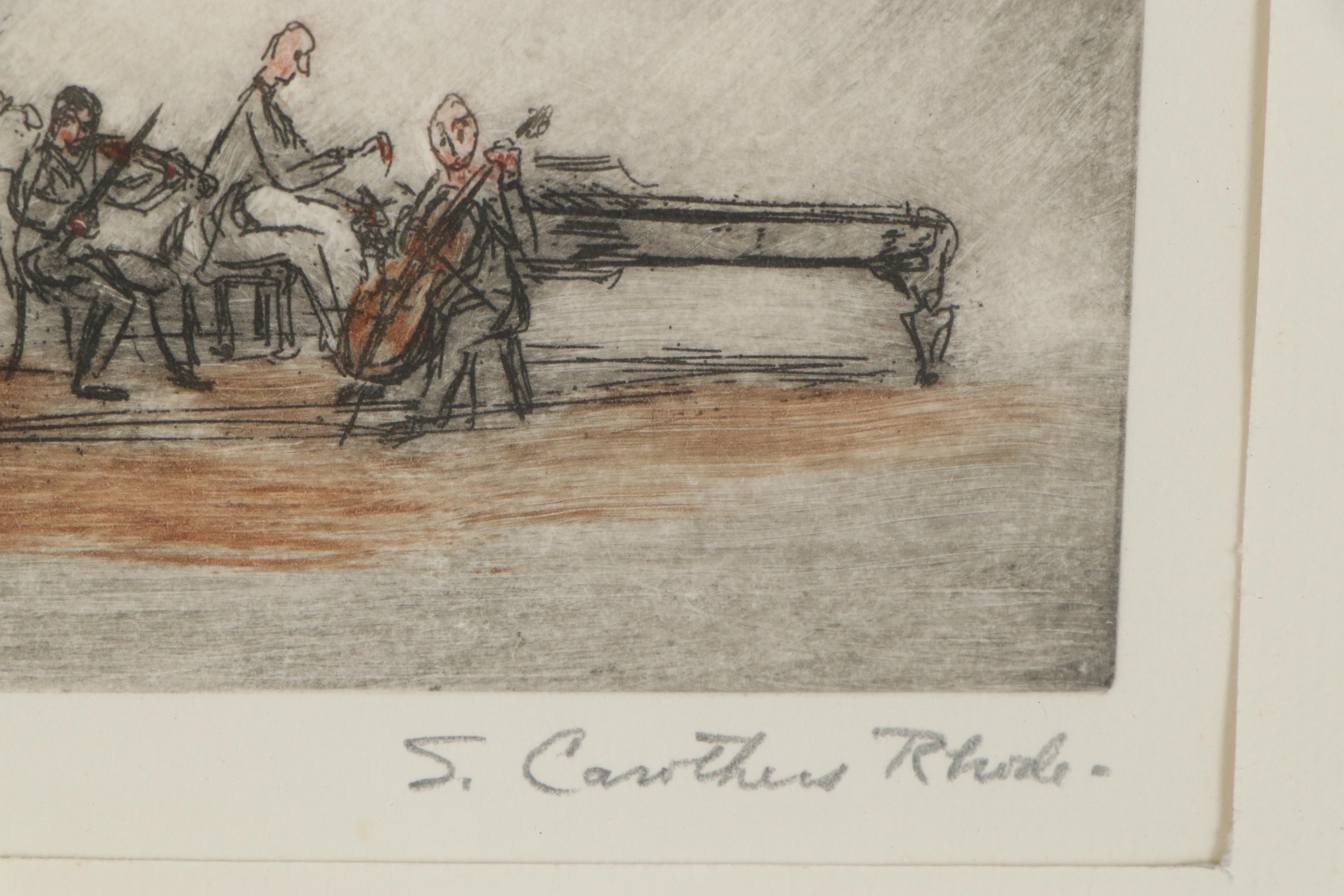 Sarah Carothers Rhode Hand-Colored Etching of Musicians, 20th Century