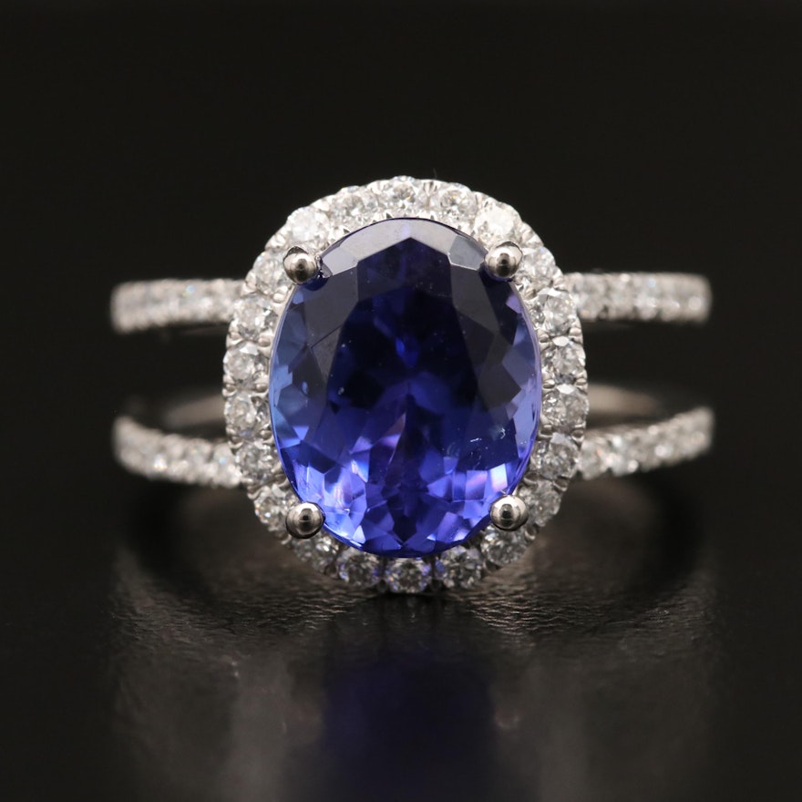 Platinum 4.03 CT Tanzanite and Diamond Ring with Split Shoulders