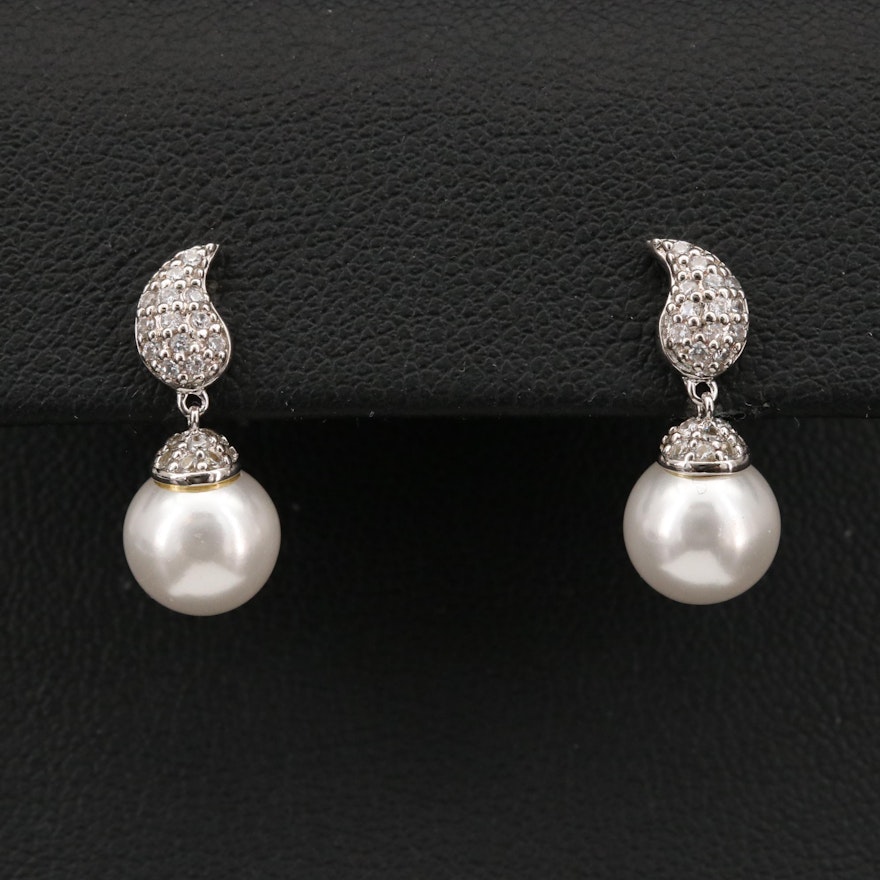 Sterling Faux Pearl and Cubic Zirconia Earrings