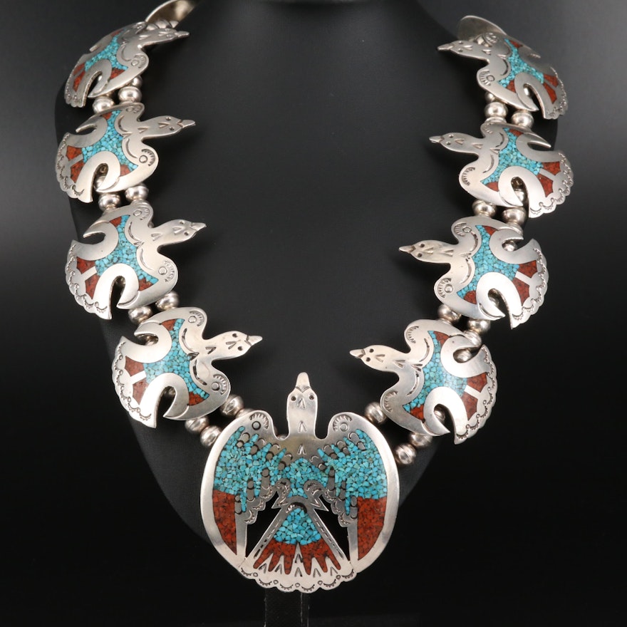 Southwestern Style Sterling Silver Turquoise and Coral Thunderbird Necklace