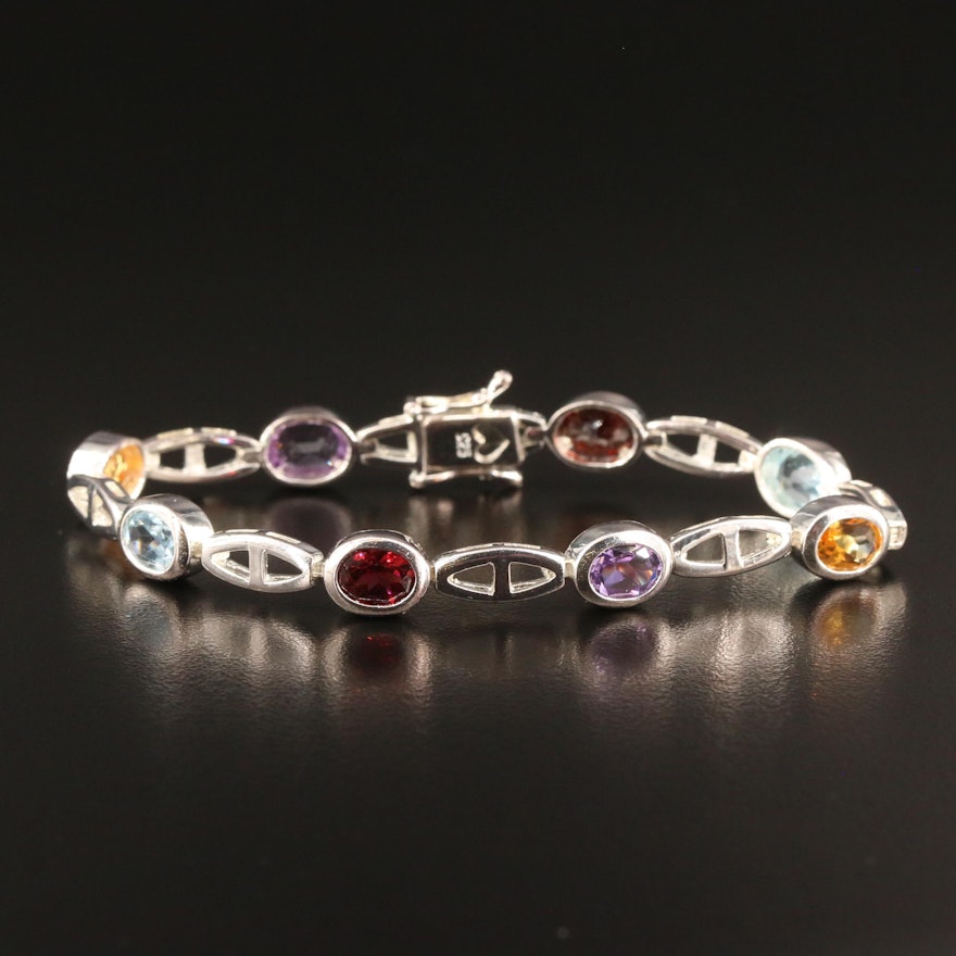 Sterling Silver Garnet, Topaz, Amethyst and Citrine Link Bracelet