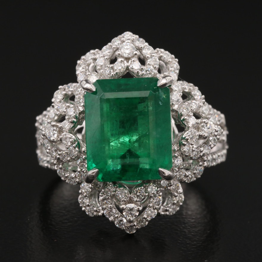 Platinum 4.48 CT Emerald and Diamond Ring with AGL Report