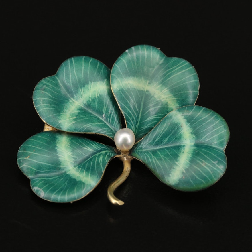 Art Nouveau 14K Pearl and Enamel Four Leaf Clover Converter Brooch