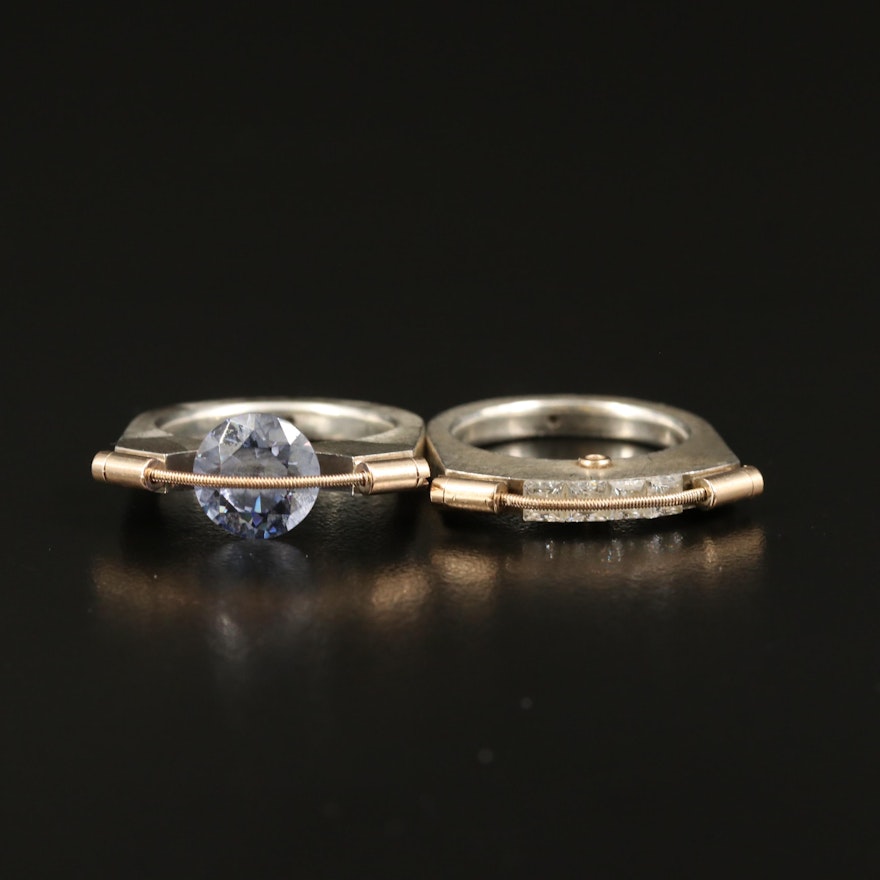 Modernist T. Plodowski Sterling Cubic Zirconia Rings