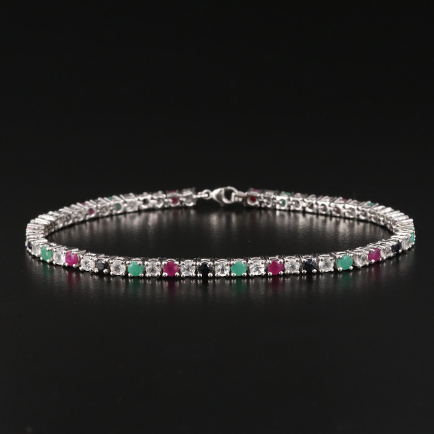 Sterling Silver Ruby, Emerald and Sapphire Line Bracelet