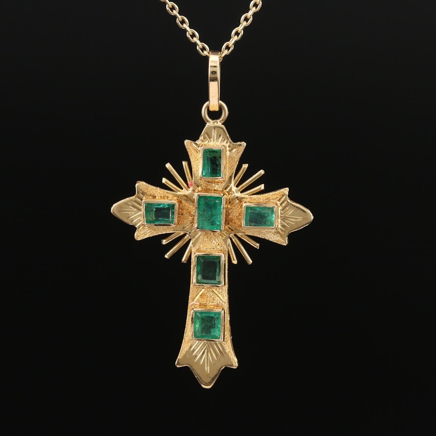 18K Emerald Cross Pendant on 14K Chain Necklace