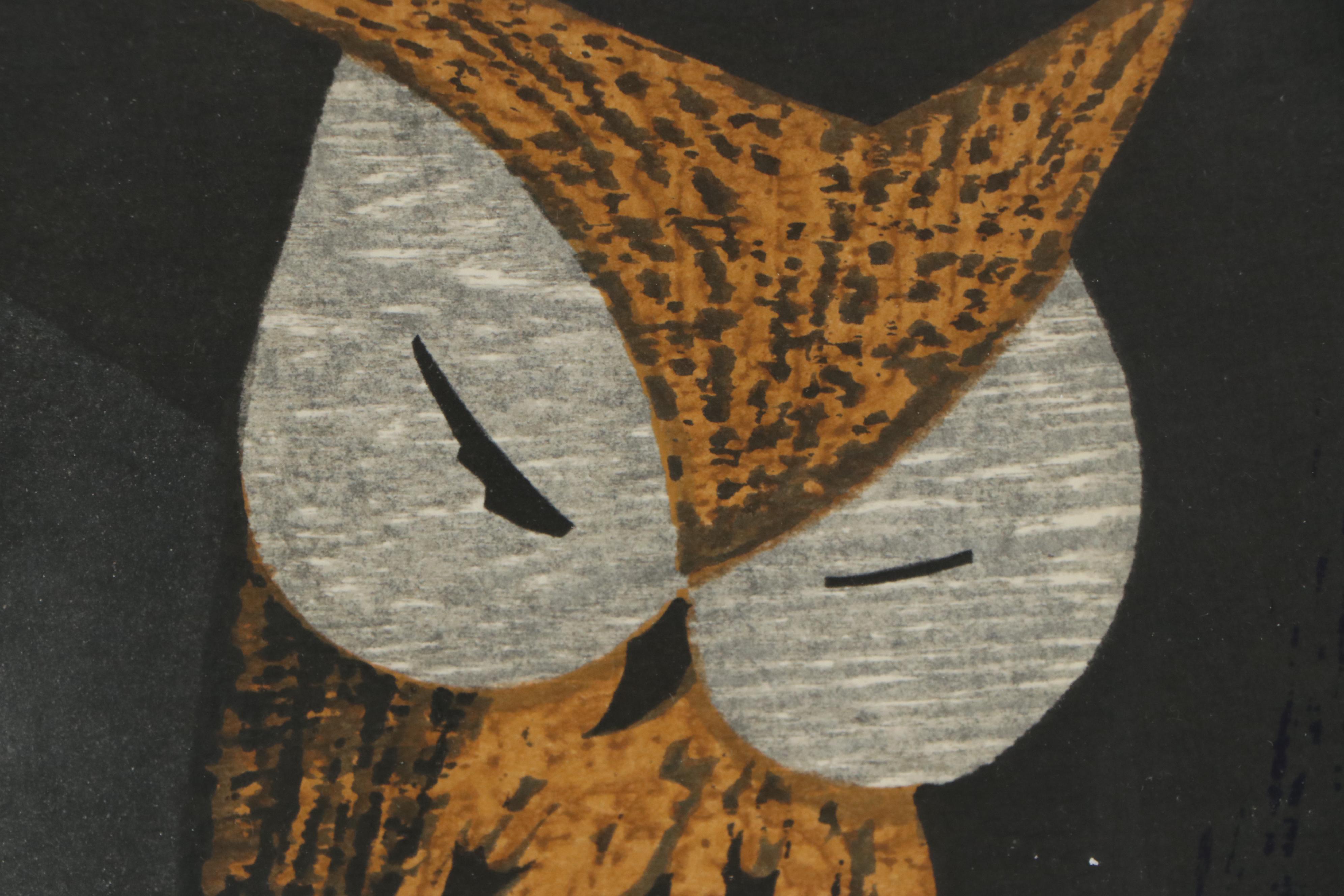 Kaoru Kawano Woodblock "Moonlight Night Owl," Mid-20th Century