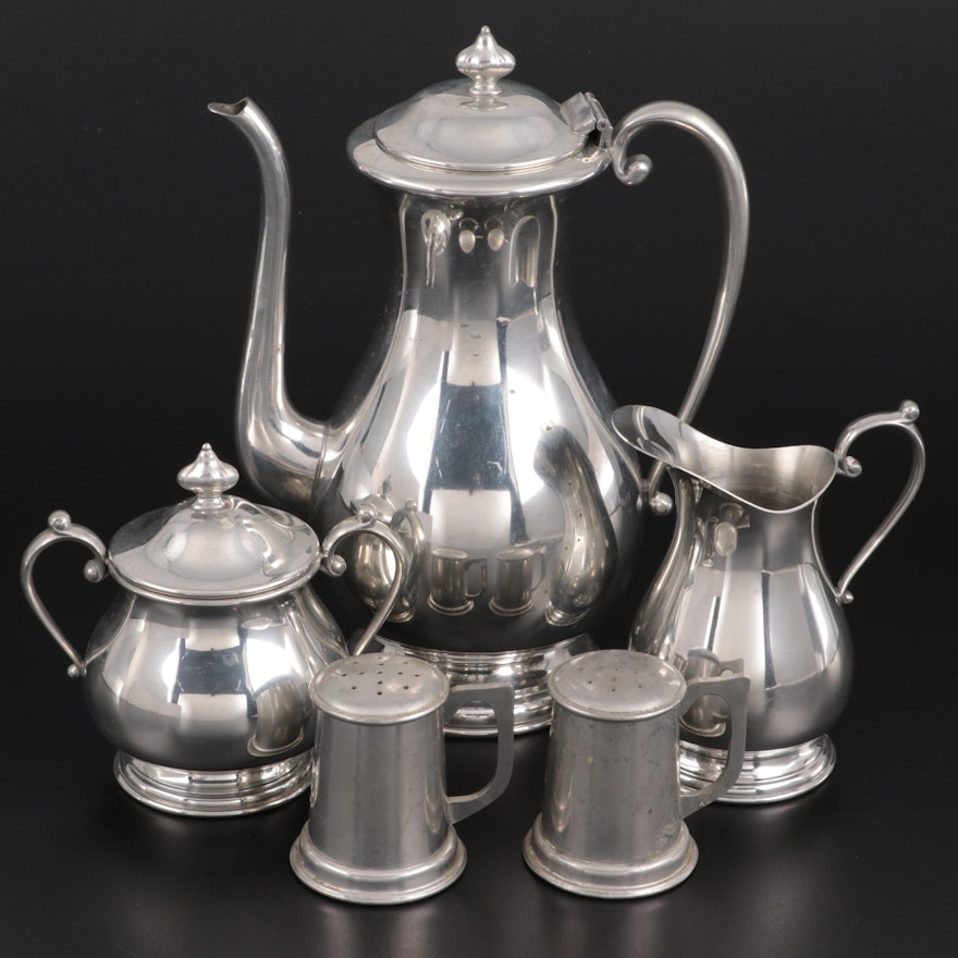 Kirk Pewter Coffee Pot, Sugar and Creamer with Stieff Pewter Shakers