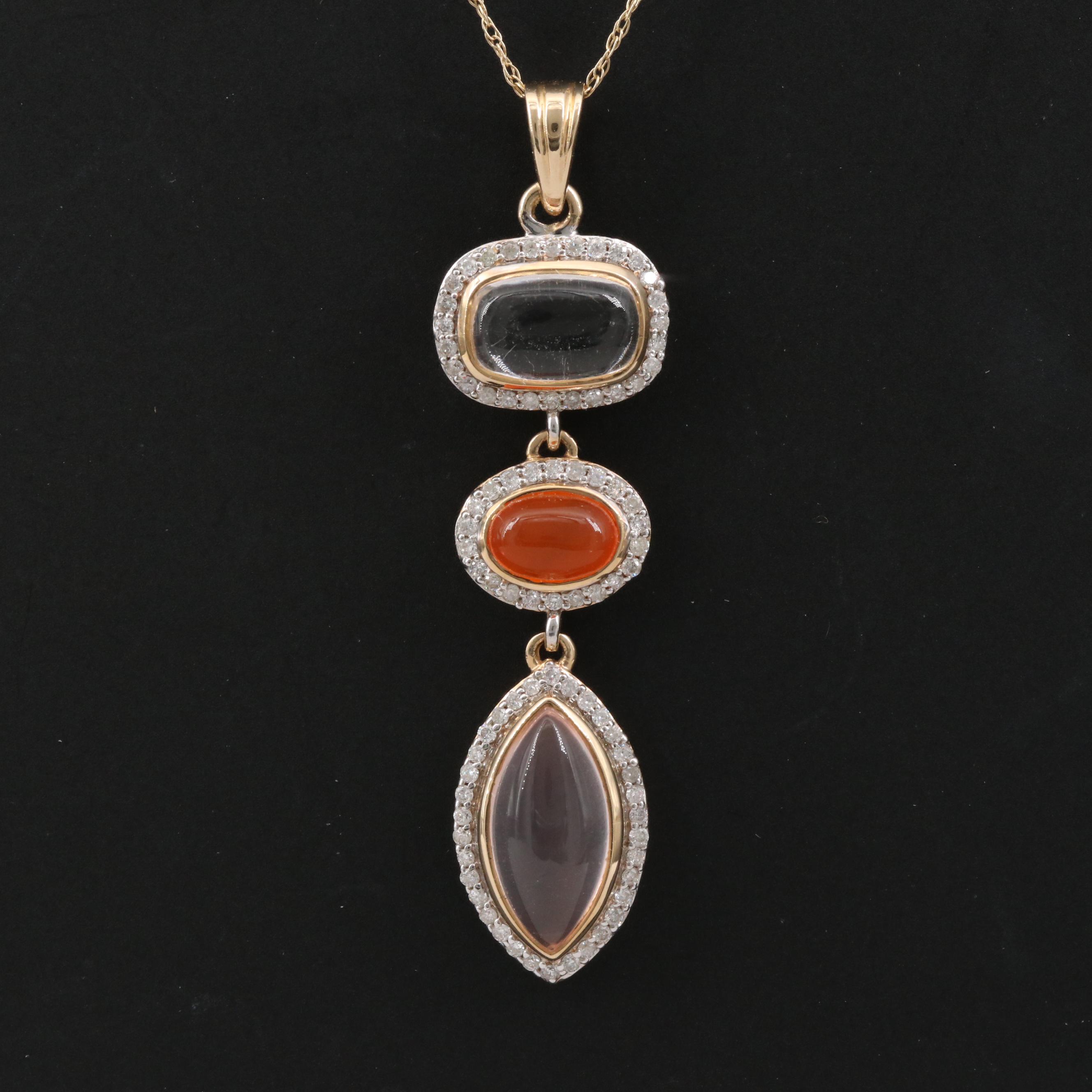 14K Rock Crystal Quartz, Carnelian and Diamond Halo Drop Pendant Necklace