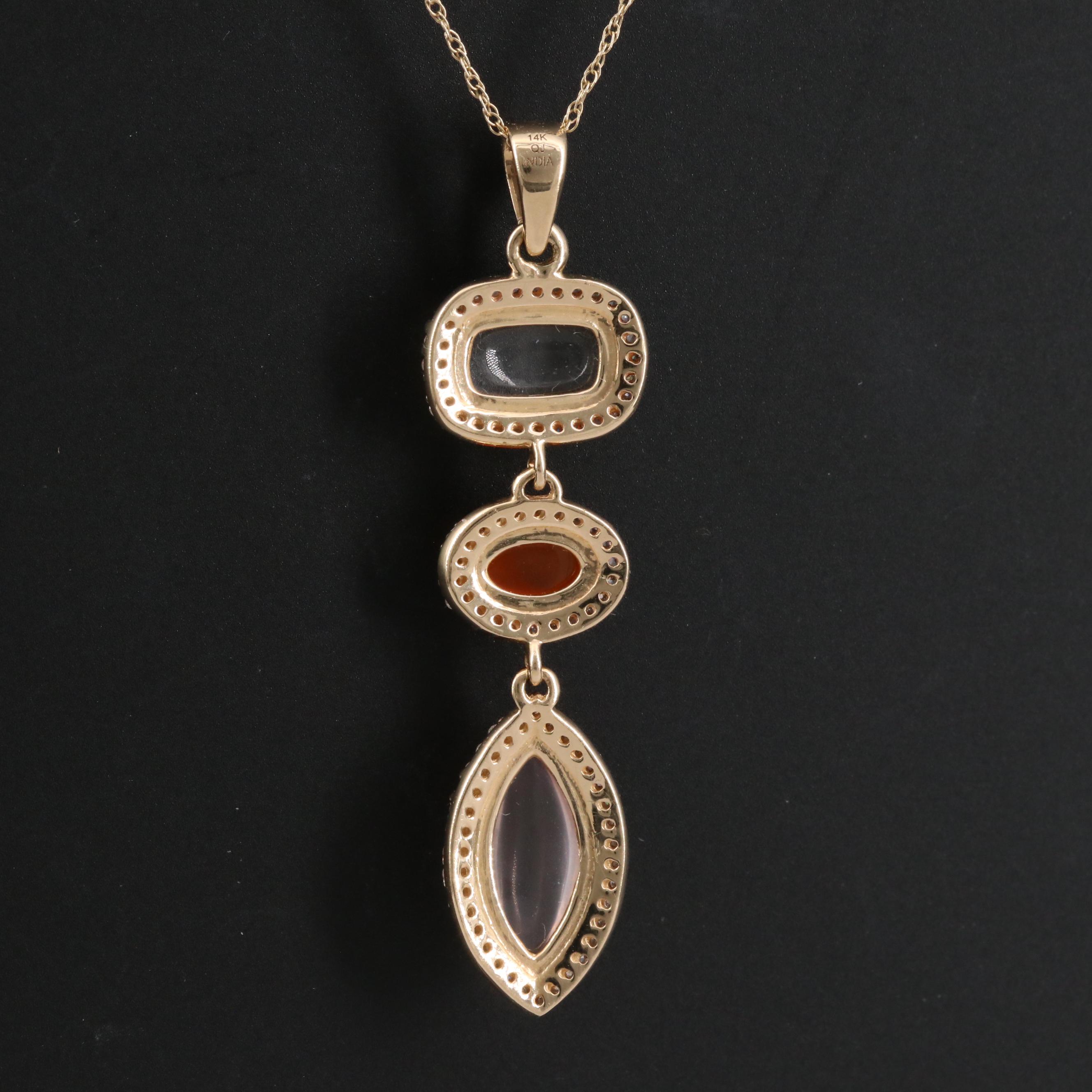14K Rock Crystal Quartz, Carnelian and Diamond Halo Drop Pendant Necklace