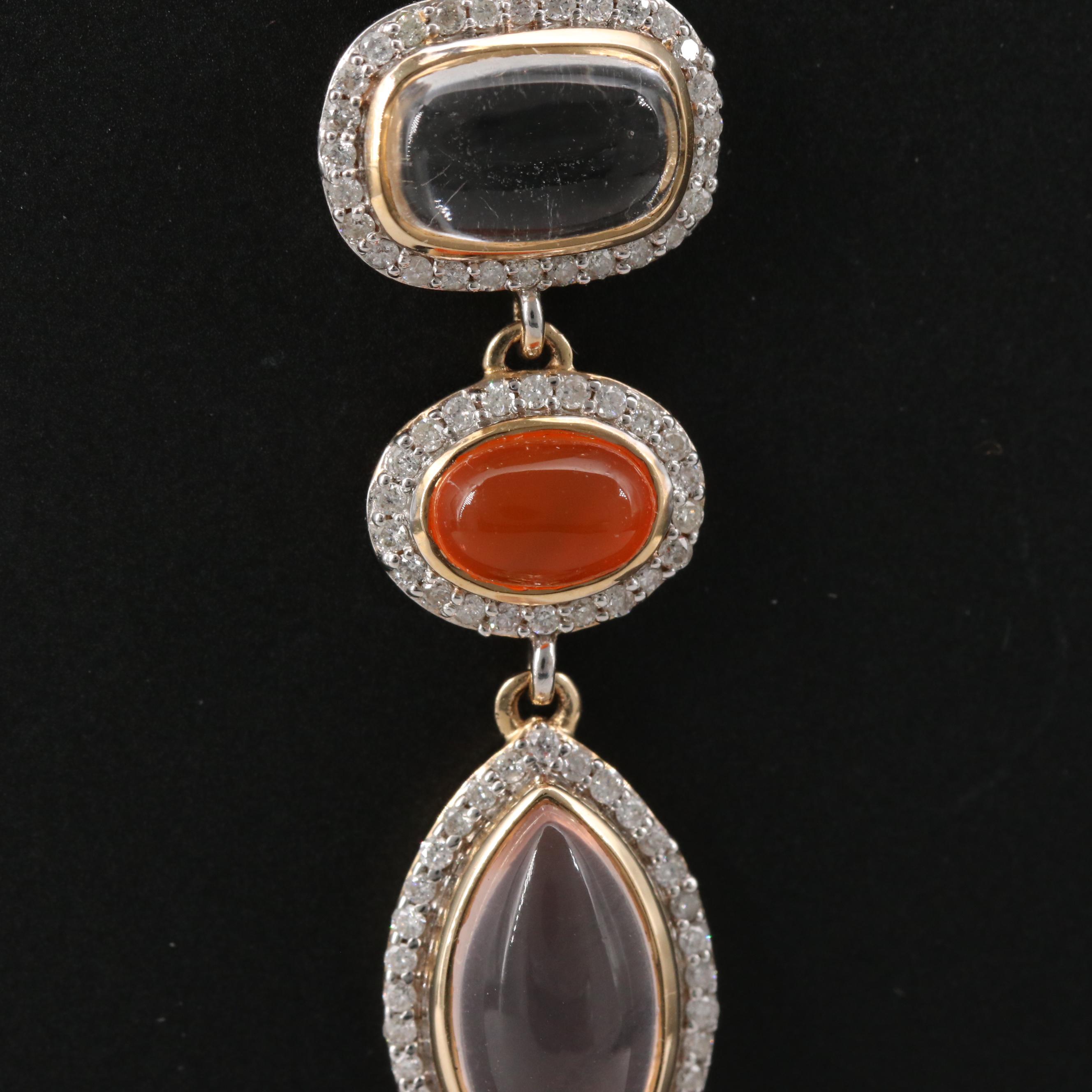 14K Rock Crystal Quartz, Carnelian and Diamond Halo Drop Pendant Necklace