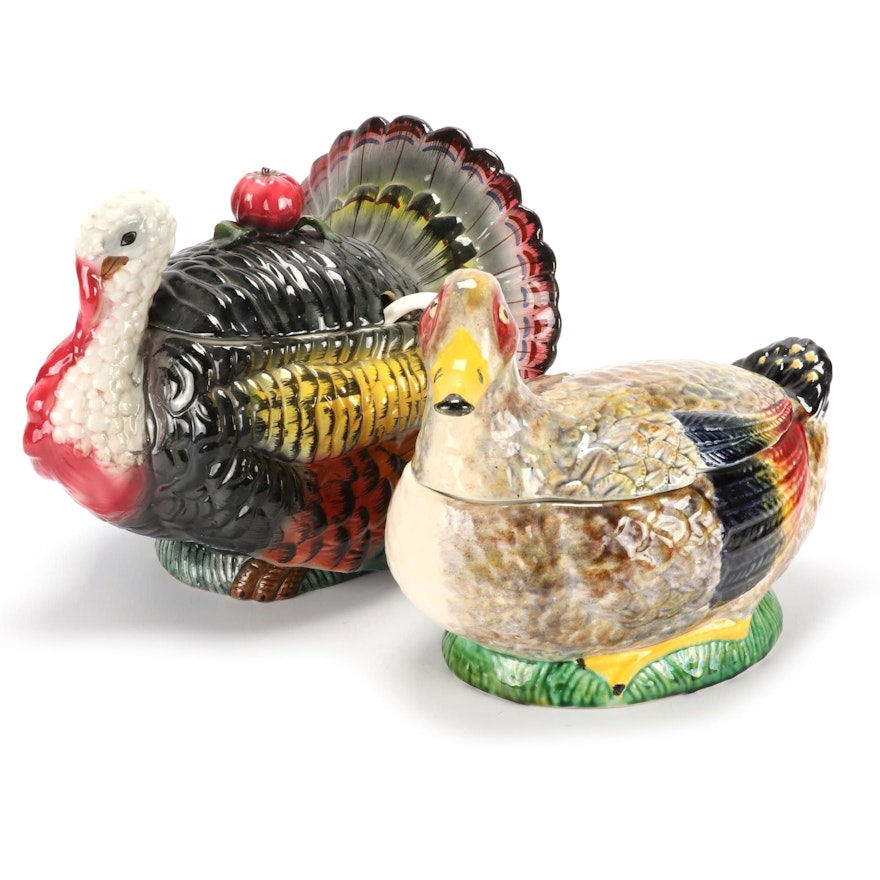 Italian Ceramic Figural Turkey and Duck Tureens, Mid to Late 20th Century